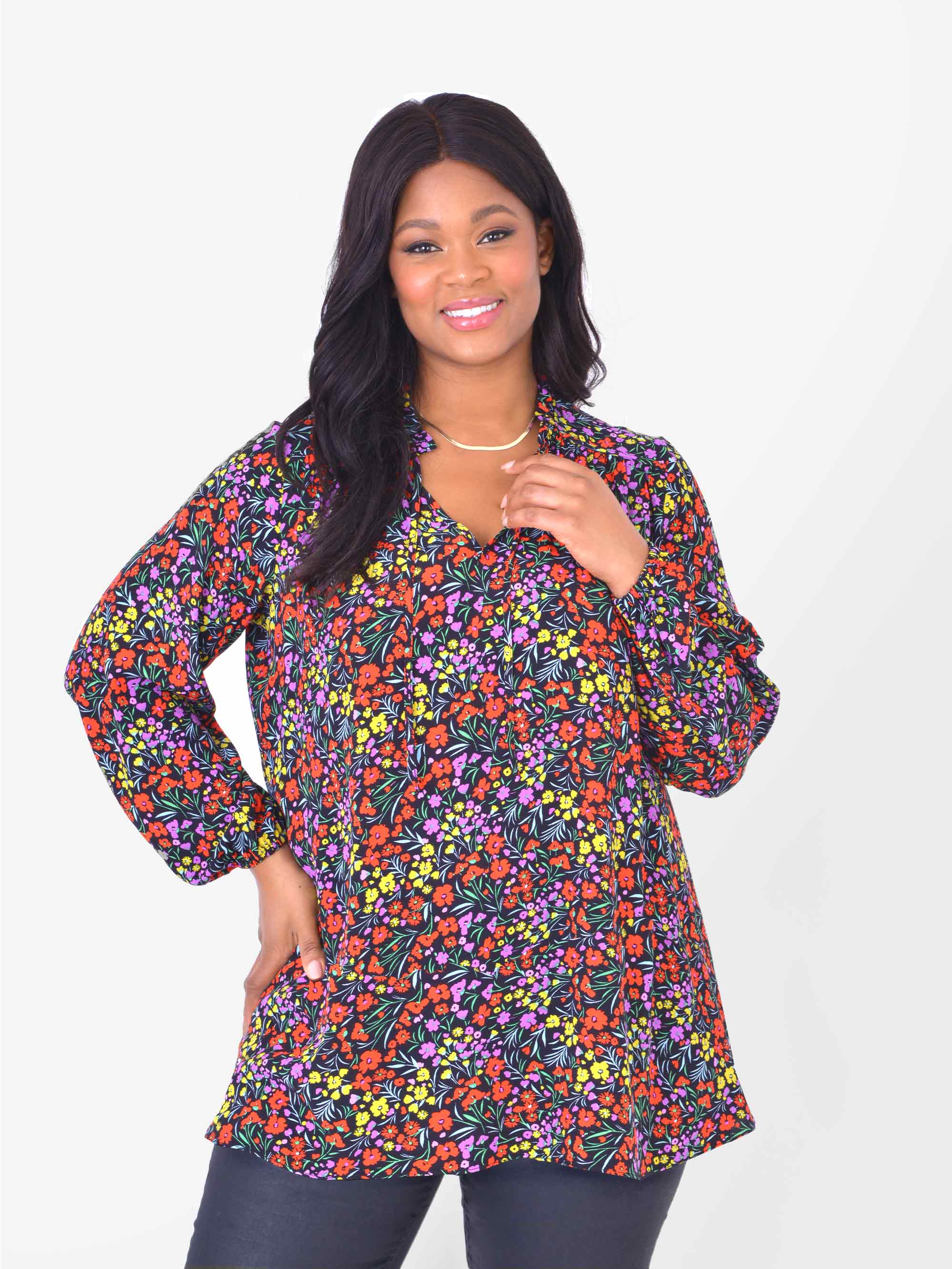 Red Ditsy Tie Neck Top - Image 2