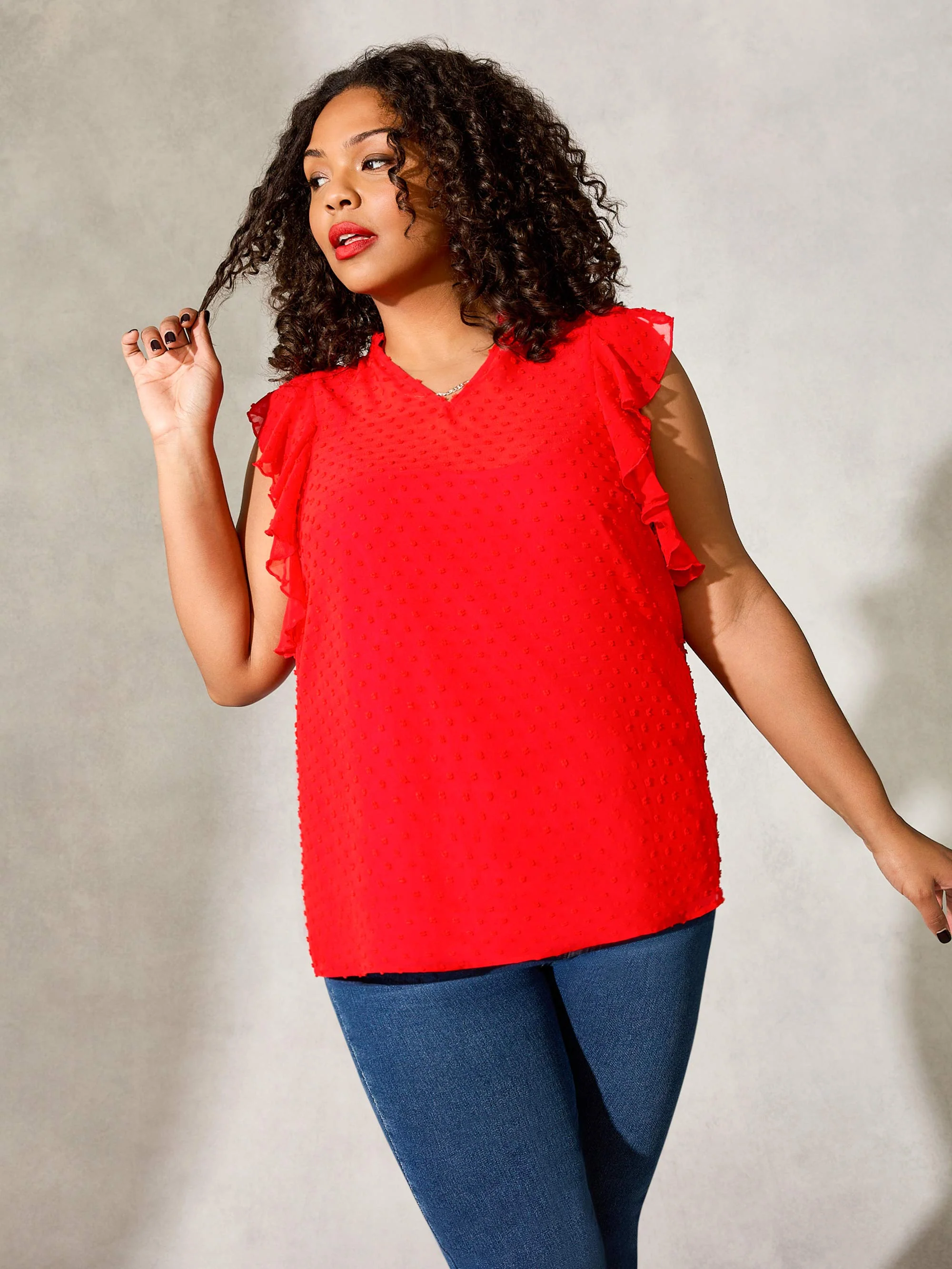 Red Dobby Ruffle Sleeve Blouse - Image 2