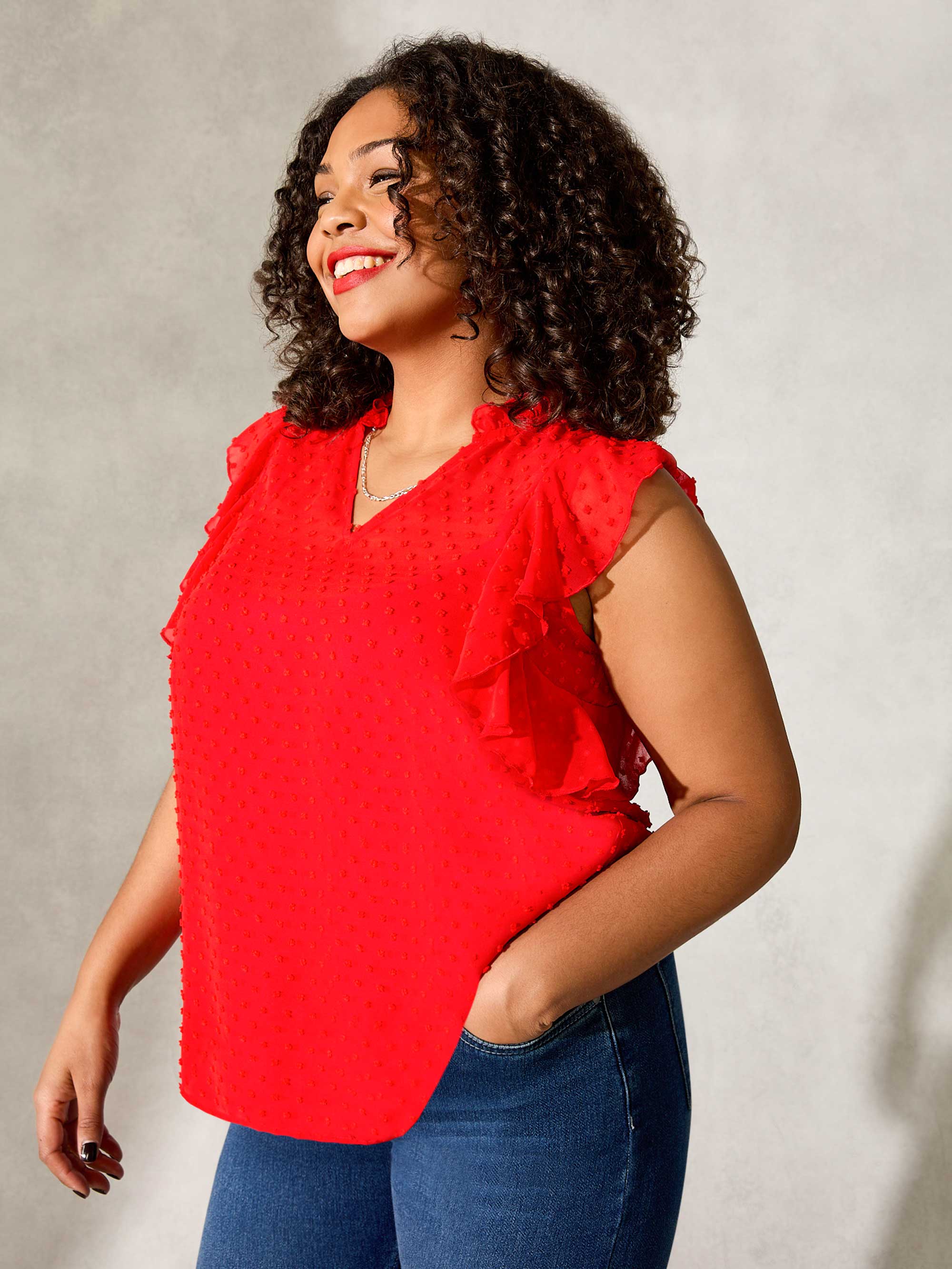 Red Dobby Ruffle Sleeve Blouse - Image 3