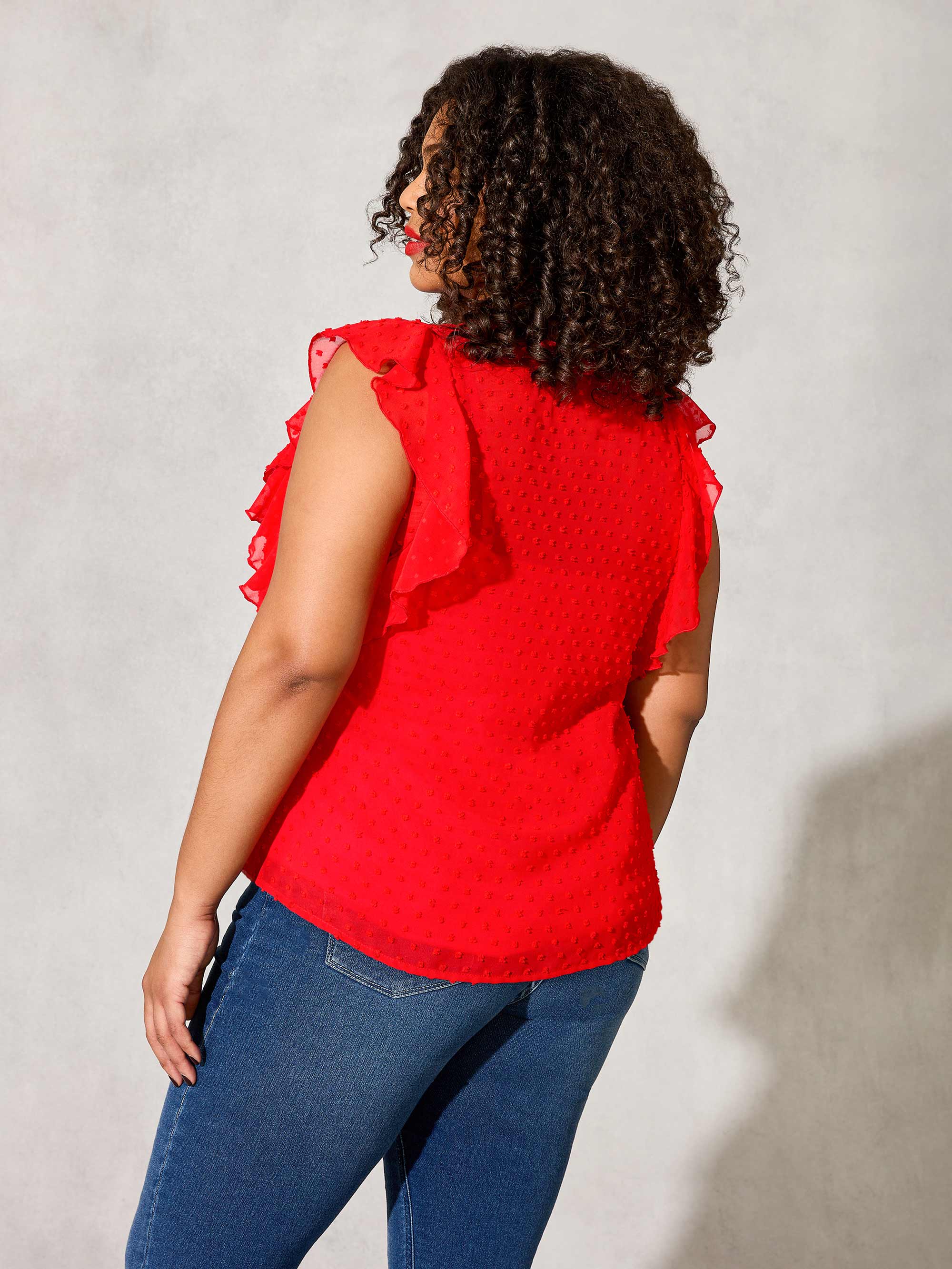 Red Dobby Ruffle Sleeve Blouse - Image 4