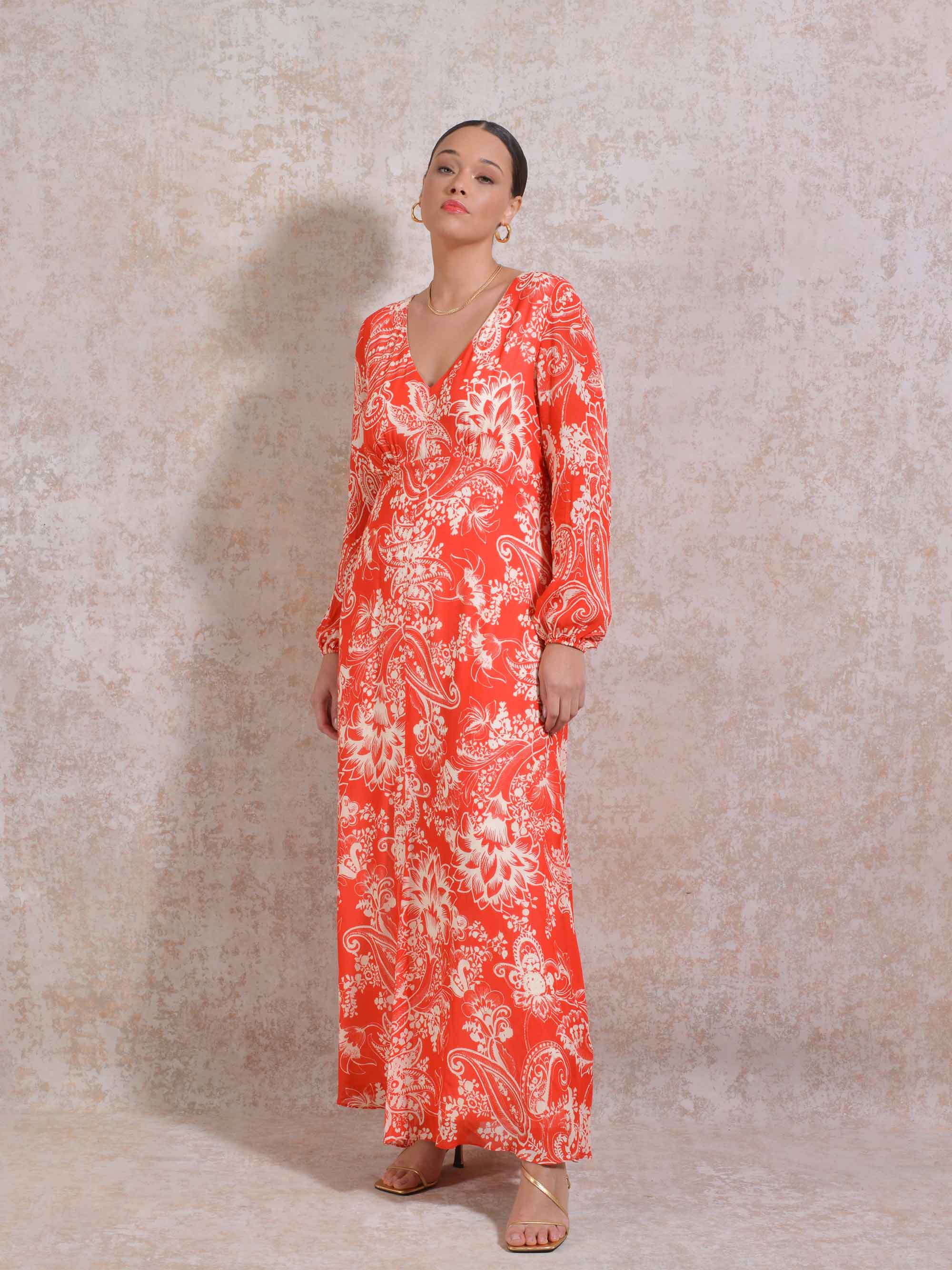 Red Floral Blouson Sleeve Maxi Dress - Image 2