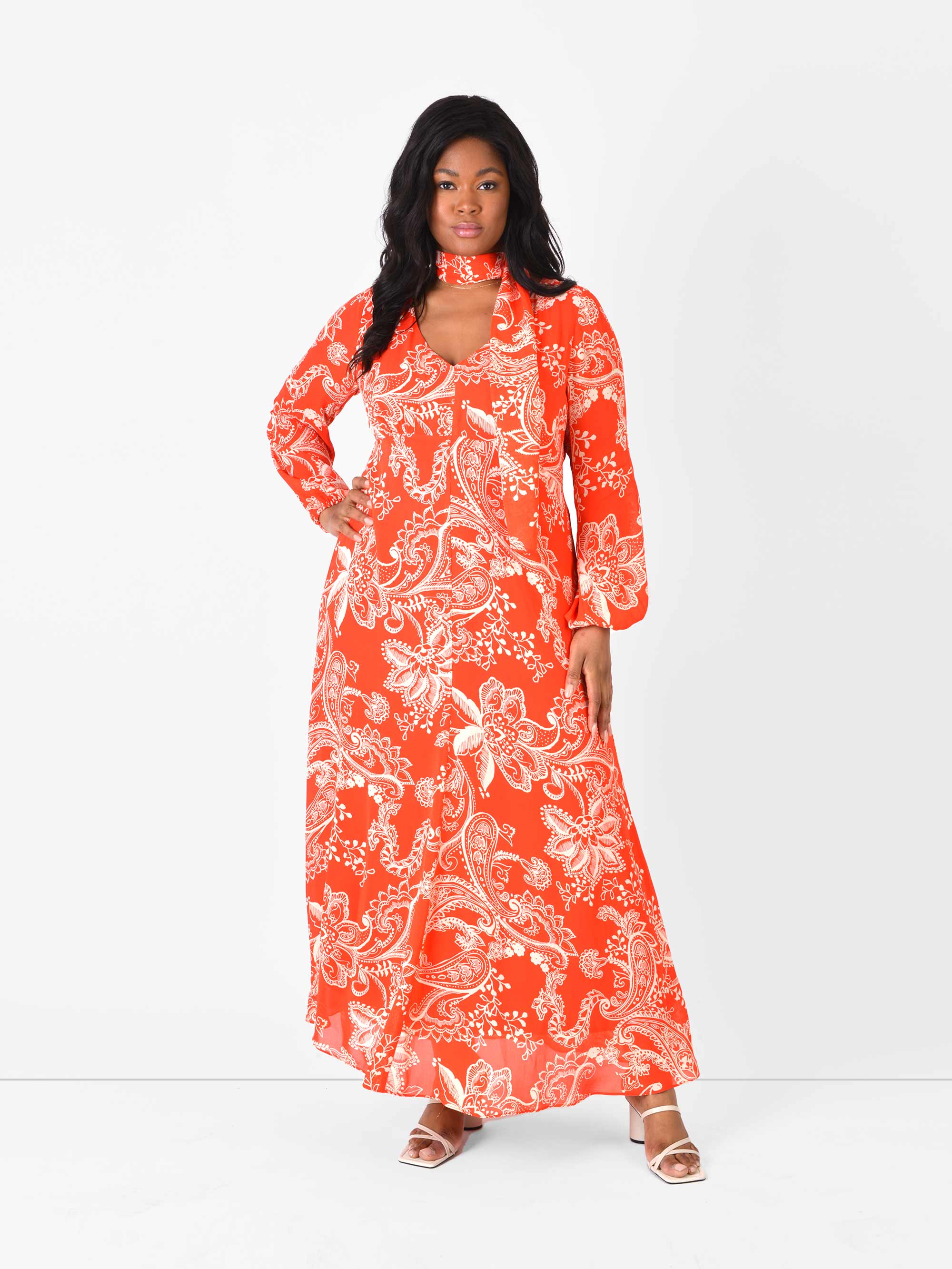 Red Floral Blouson Sleeve Maxi Dress - Image 4