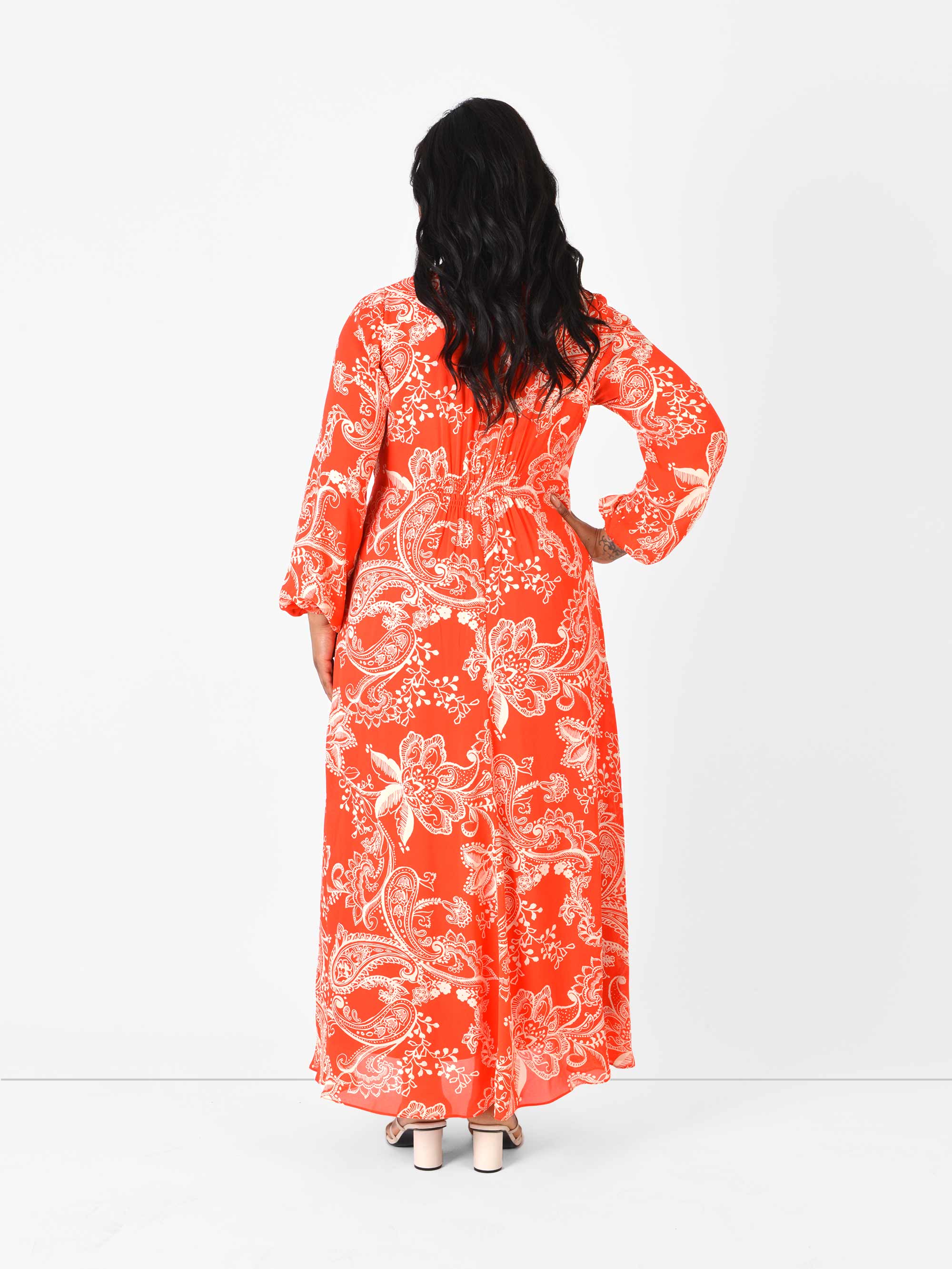 Red Floral Blouson Sleeve Maxi Dress - Image 5