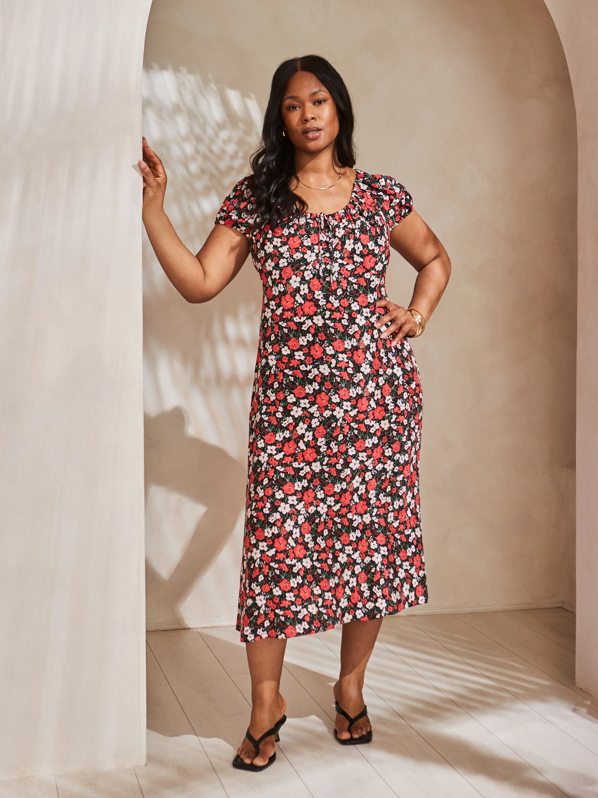 Red Floral Gathered Neck Midi Dress - Image 2