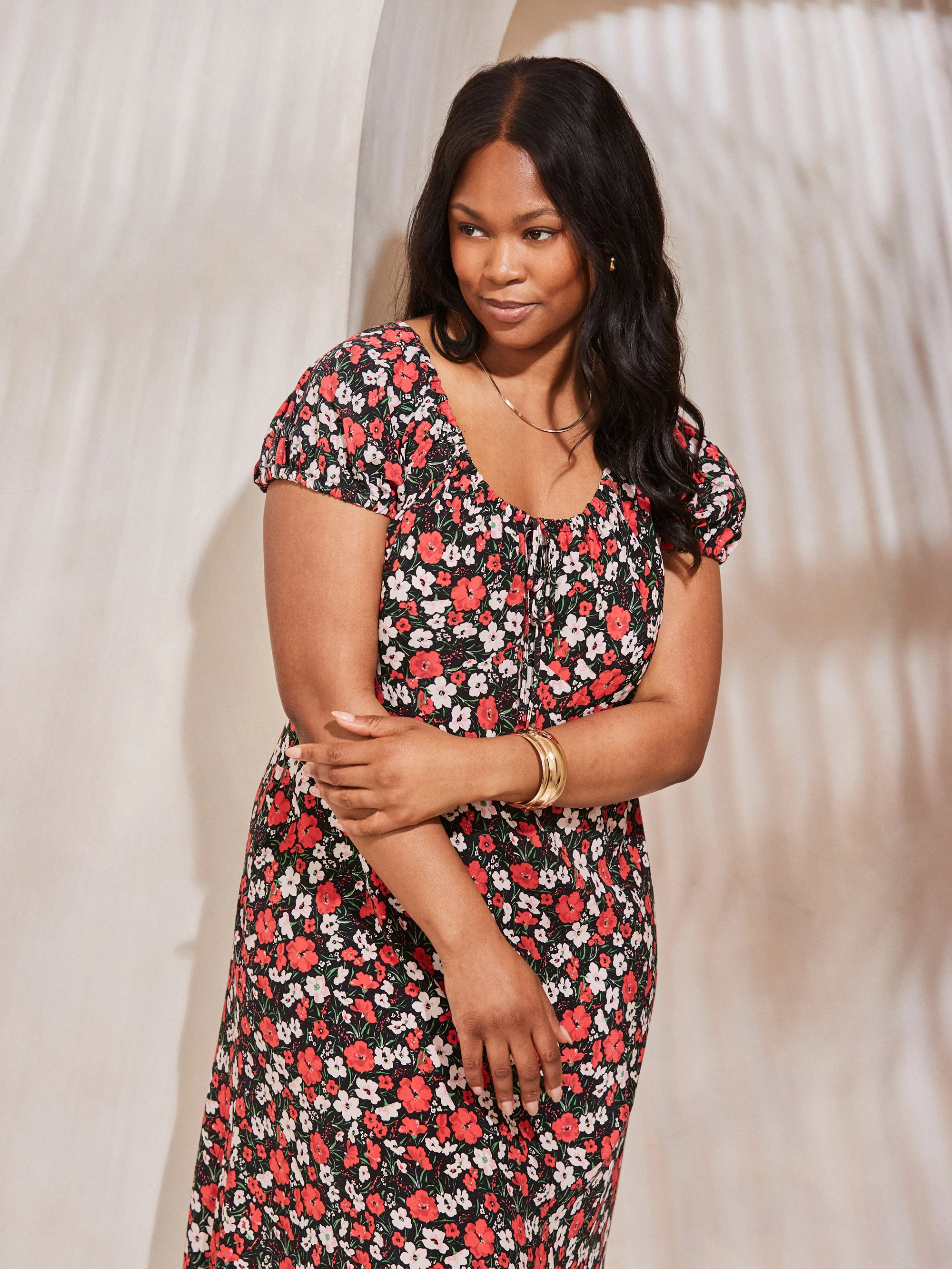 Red Floral Gathered Neck Midi Dress - Image 3