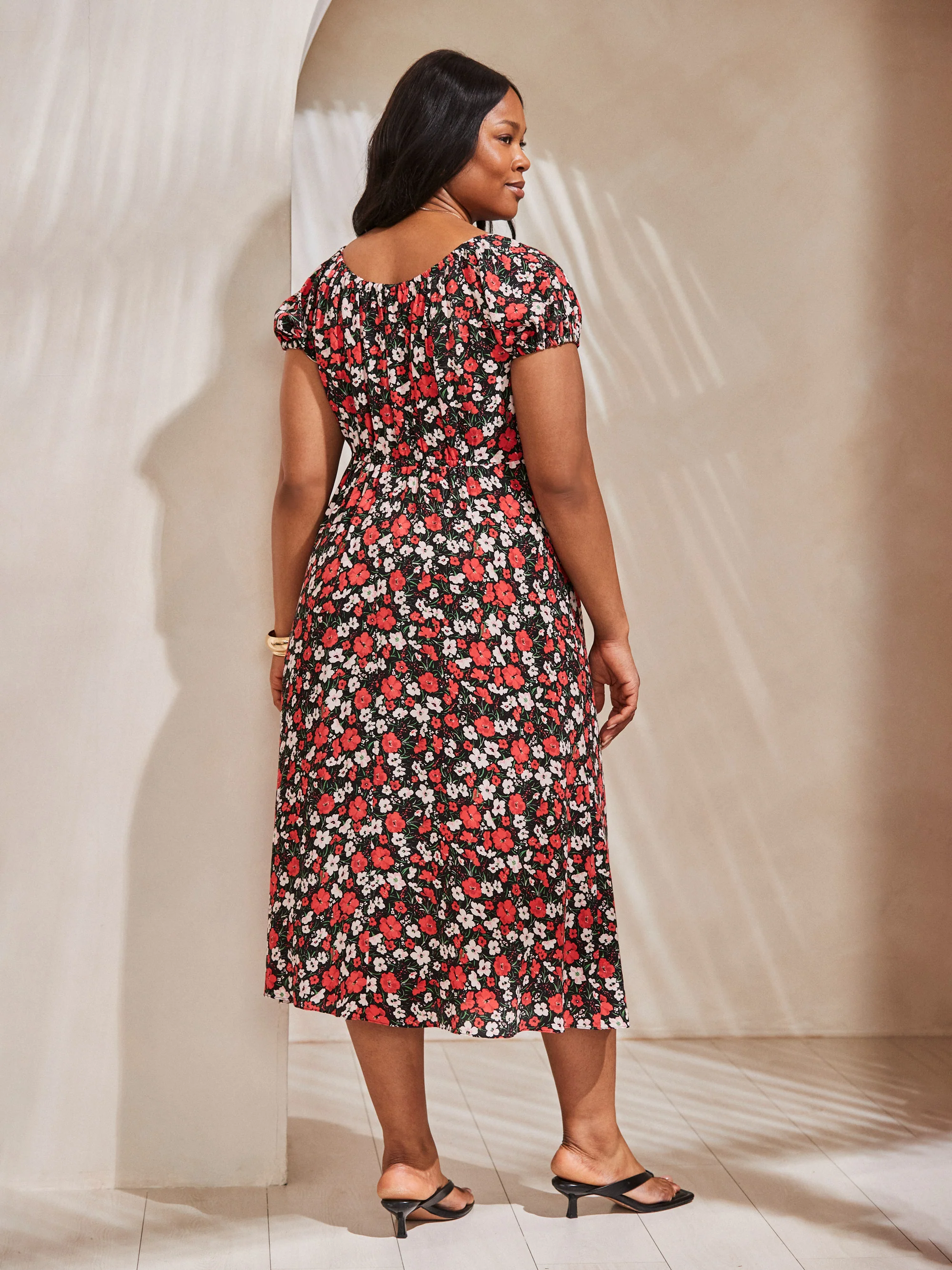 Red Floral Gathered Neck Midi Dress - Image 5