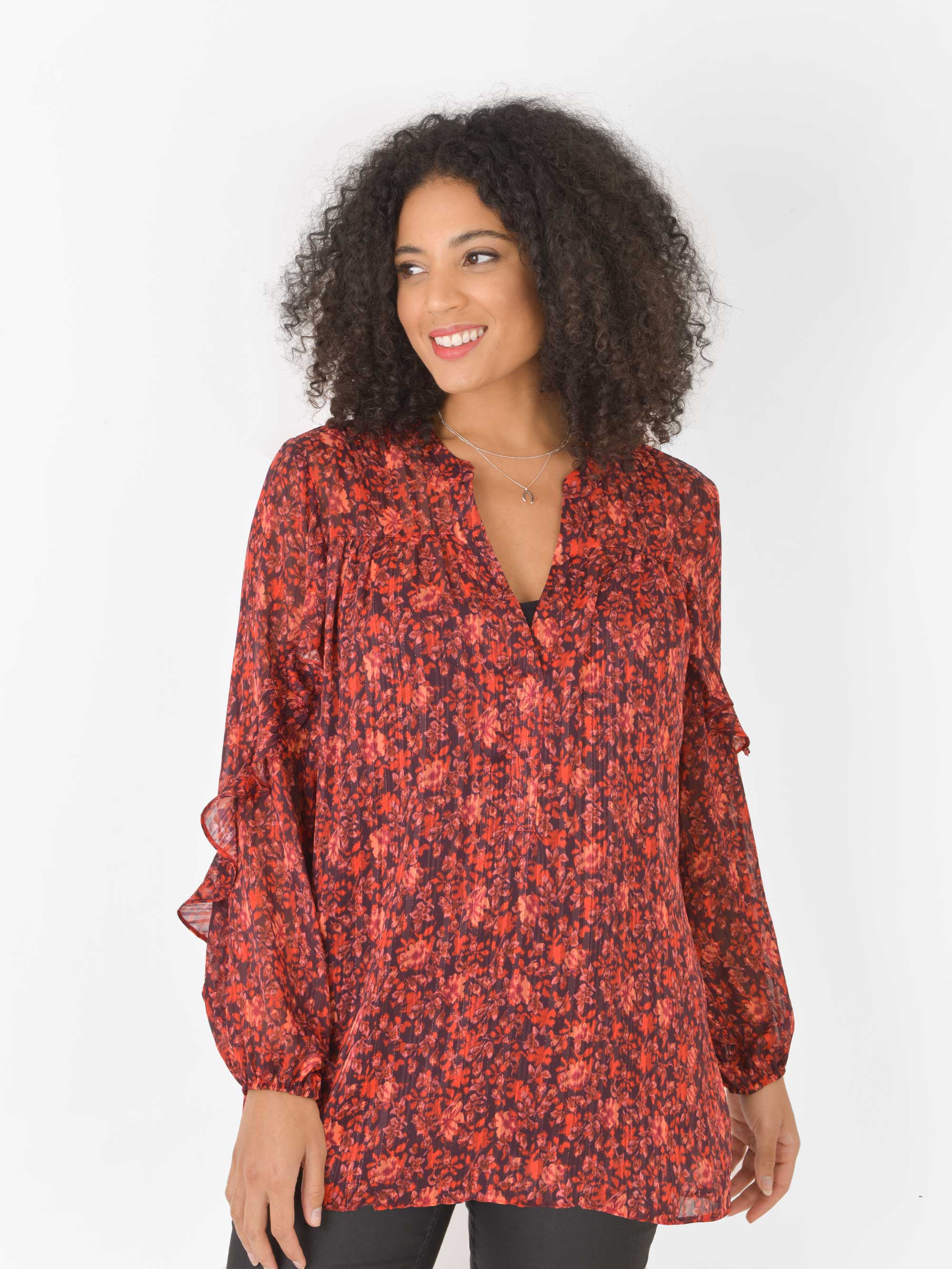 Red Floral Lurex Stripe Ruffle Sleeve Blouse - Image 3