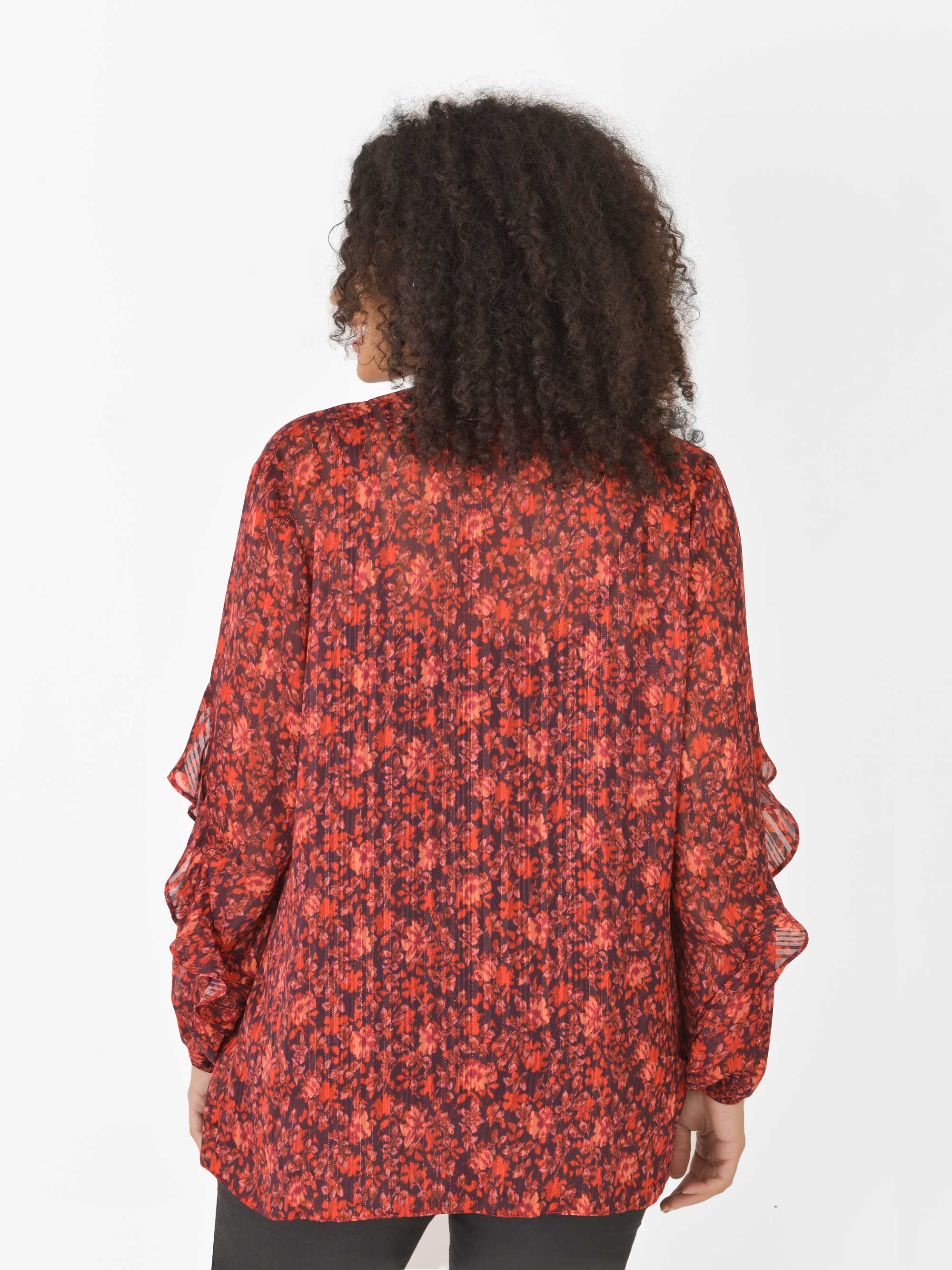 Red Floral Lurex Stripe Ruffle Sleeve Blouse - Image 4
