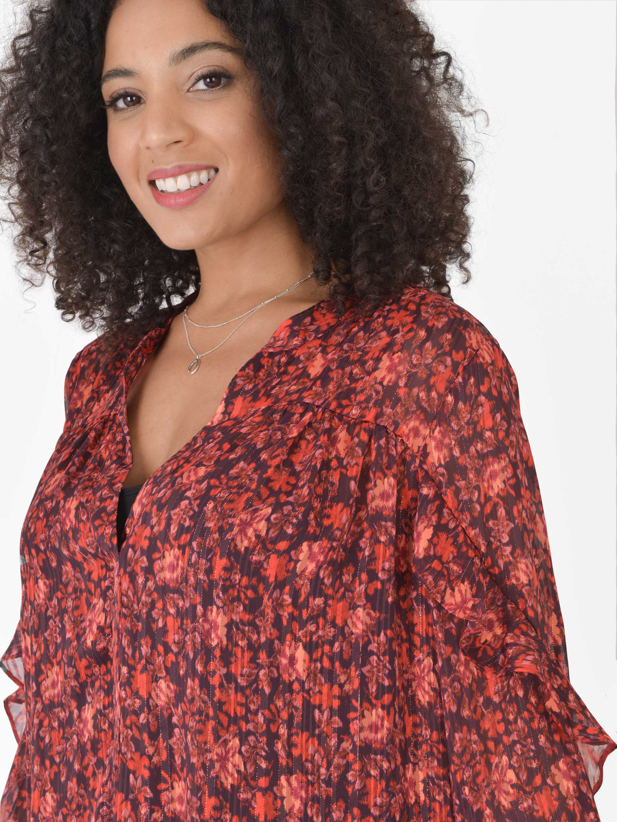 Red Floral Lurex Stripe Ruffle Sleeve Blouse - Image 5