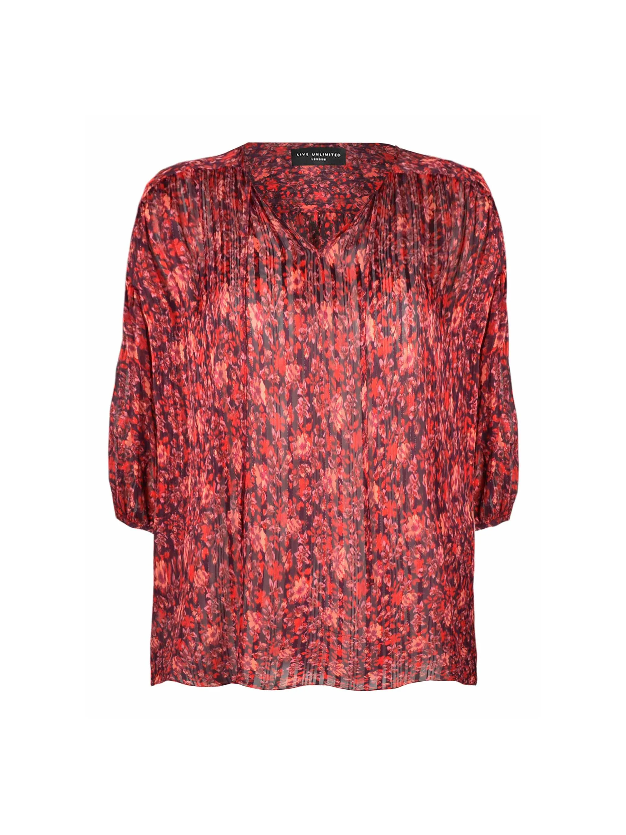 Red Floral Lurex Stripe Ruffle Sleeve Blouse - Image 6