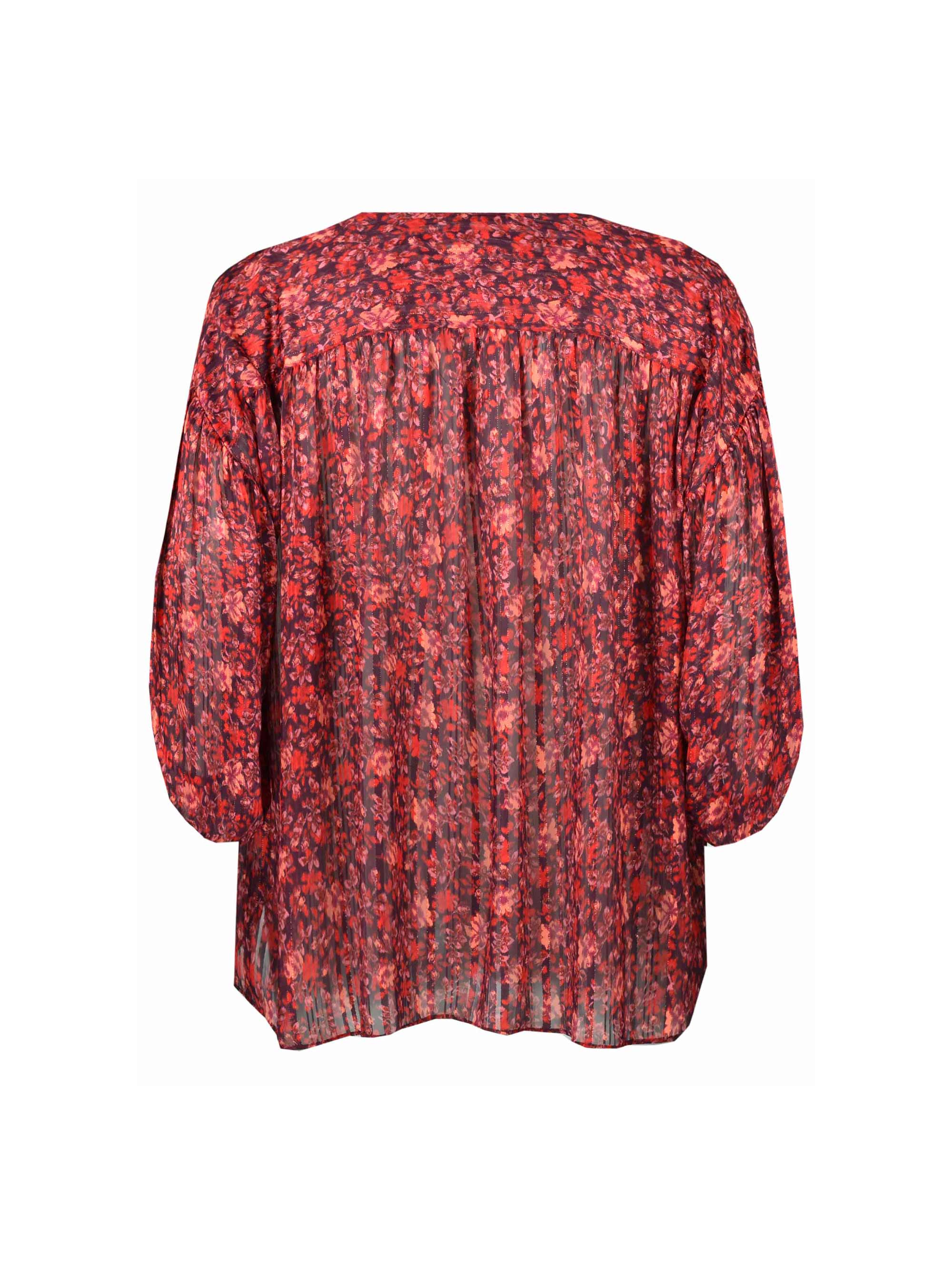 Red Floral Lurex Stripe Ruffle Sleeve Blouse - Image 7