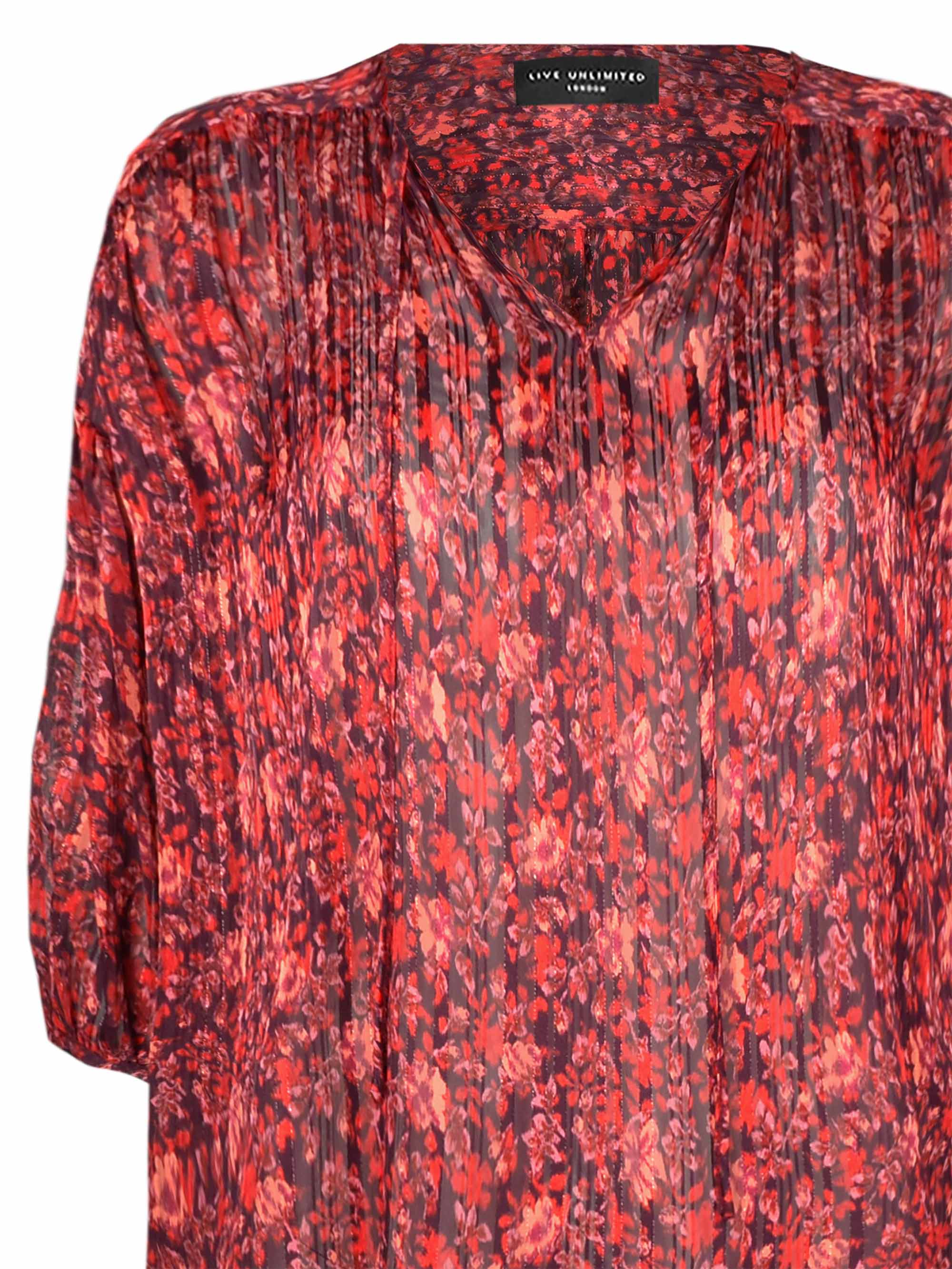 Red Floral Lurex Stripe Ruffle Sleeve Blouse - Image 8