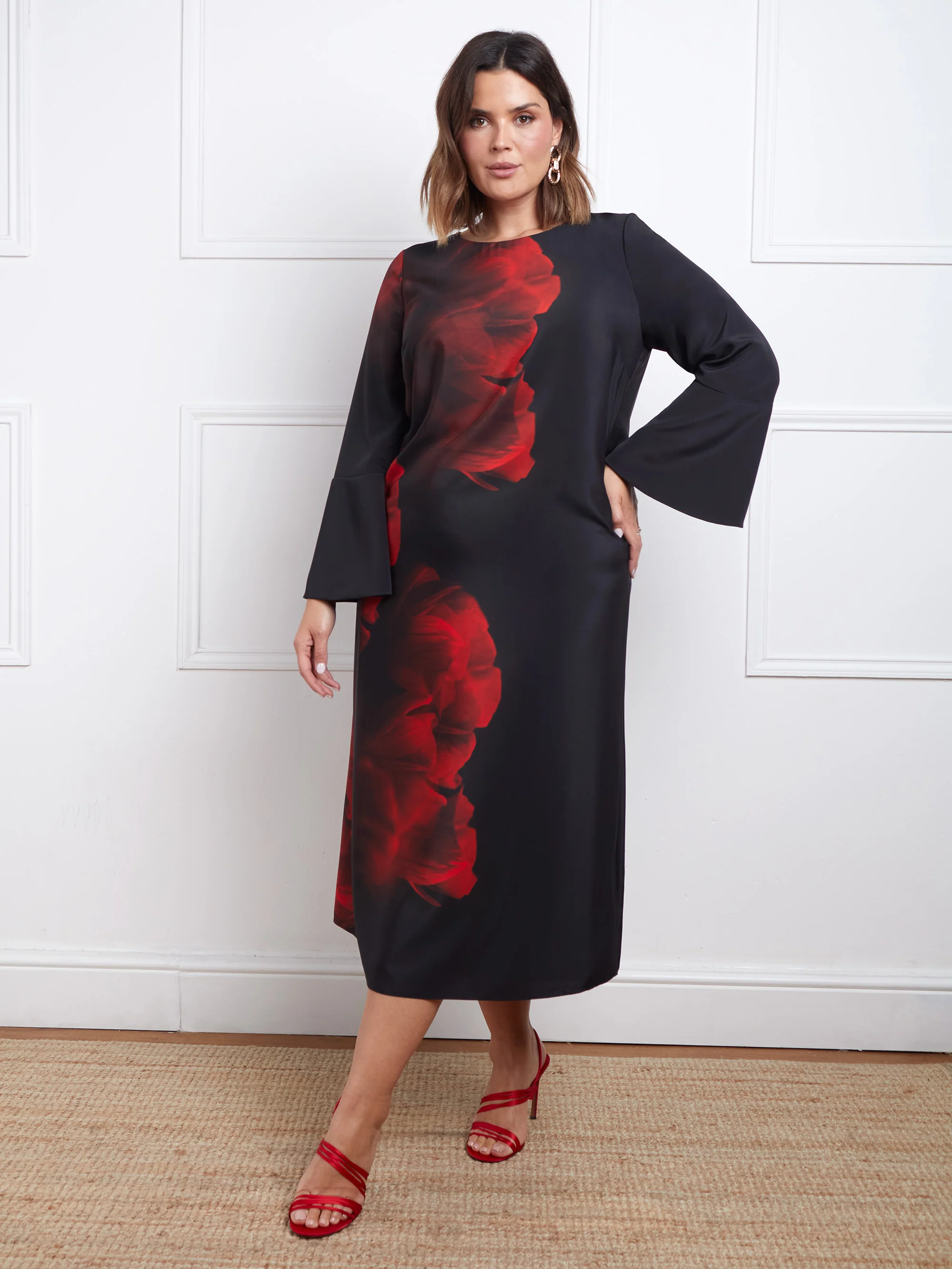 Red Floral Print Flared Sleeve Midaxi Dress - Image 5