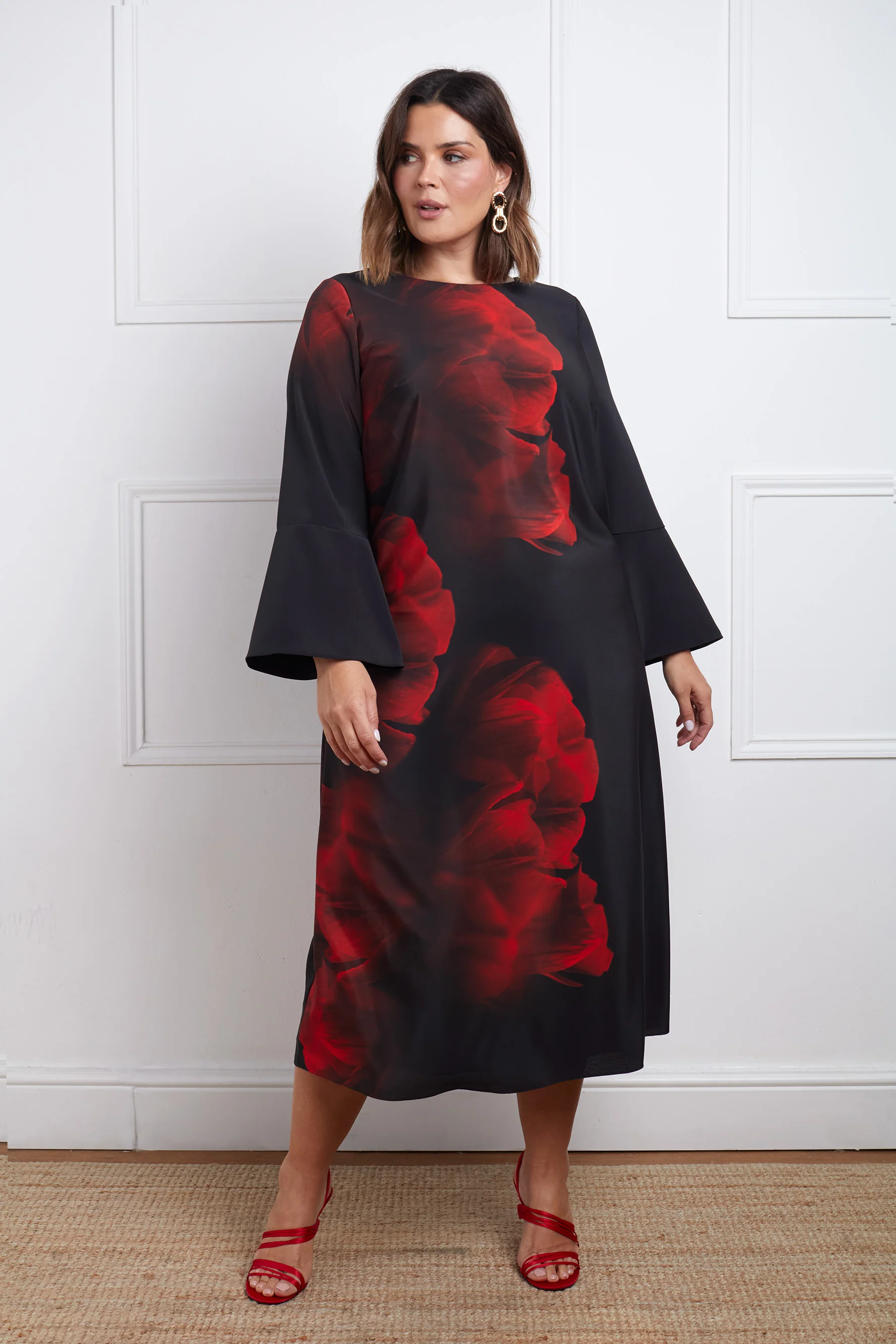 Red Floral Print Flared Sleeve Midaxi Dress - Image 6