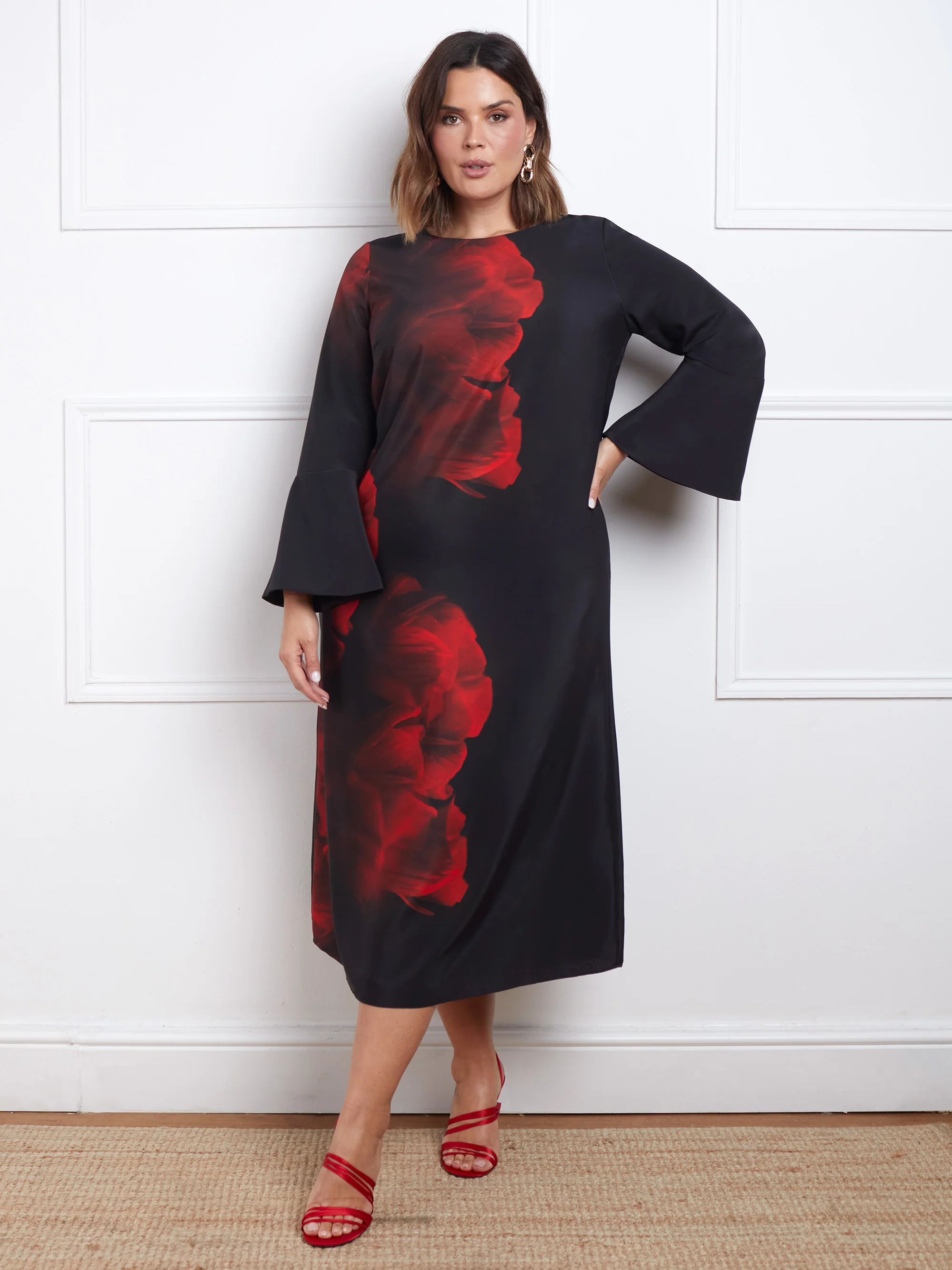 Red Floral Print Flared Sleeve Midaxi Dress - Image 7