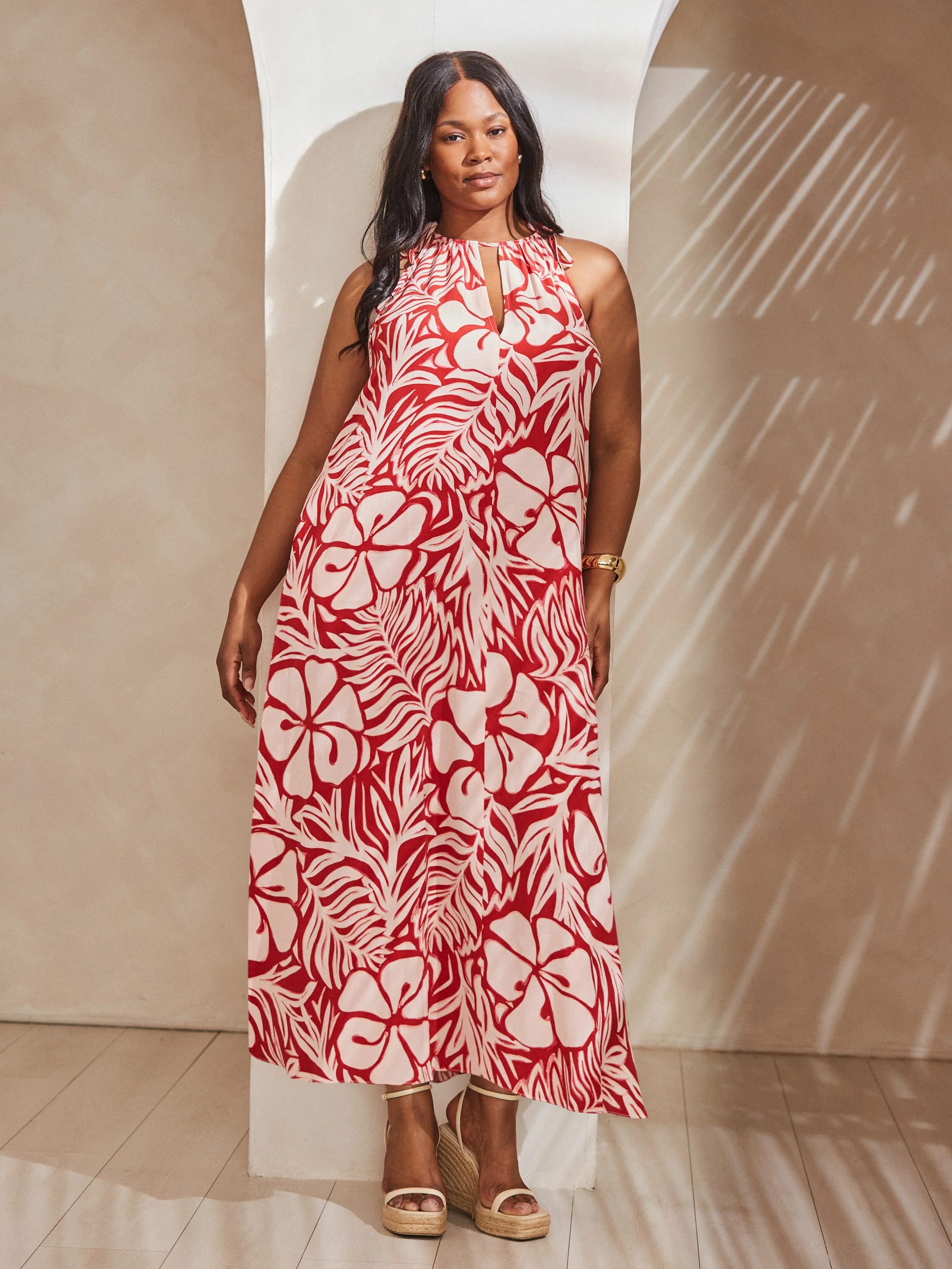 Red Floral Print Halter Neck Midaxi Dress - Image 2