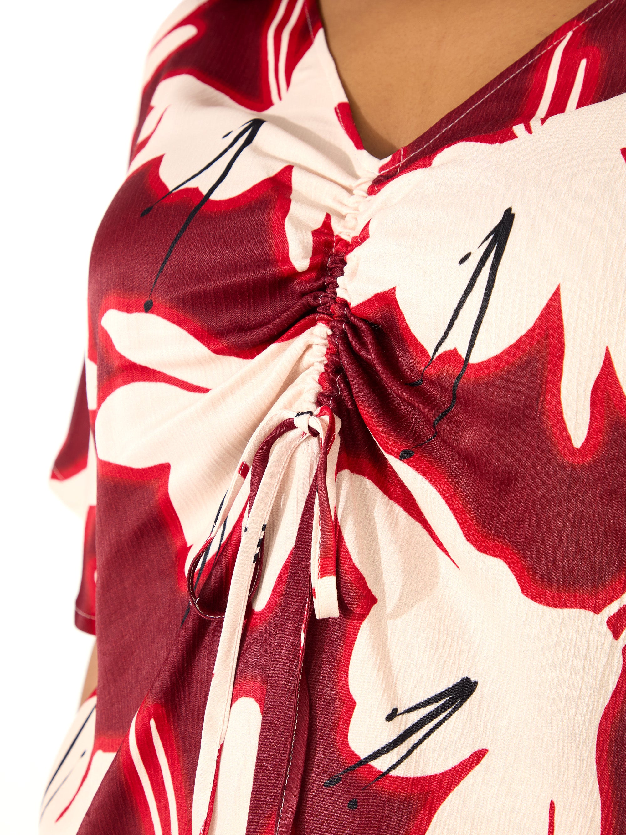 Red Floral Print Ruched Front Blouse - Image 5
