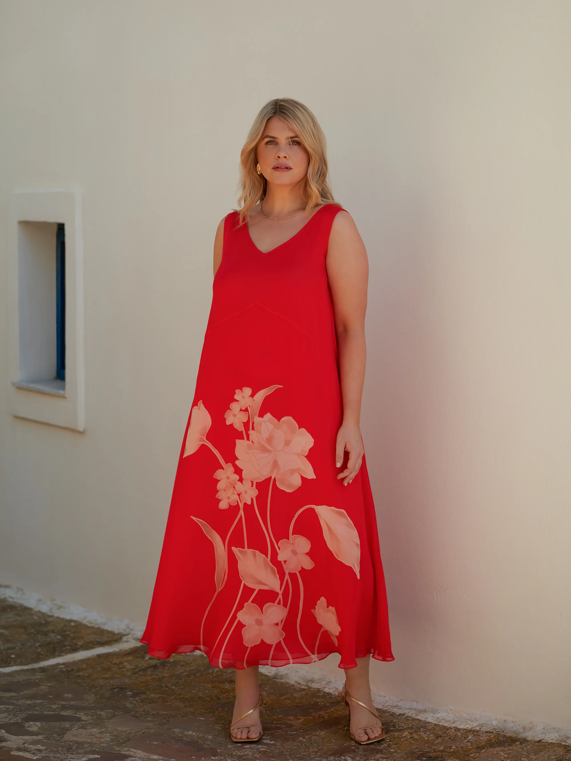 Red Floral Print Sleeveless Maxi Dress - Image 2