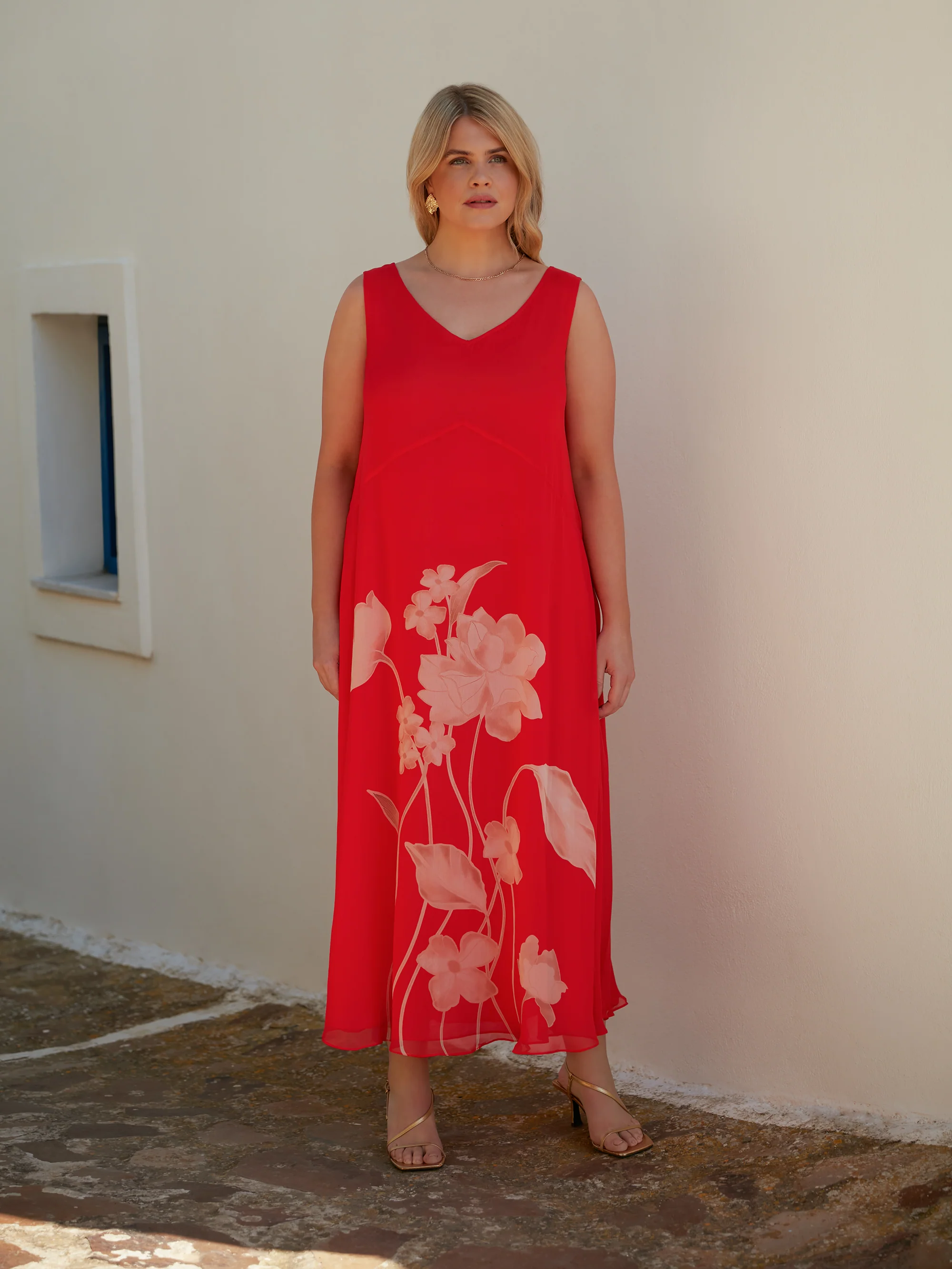 Red Floral Print Sleeveless Maxi Dress - Image 3