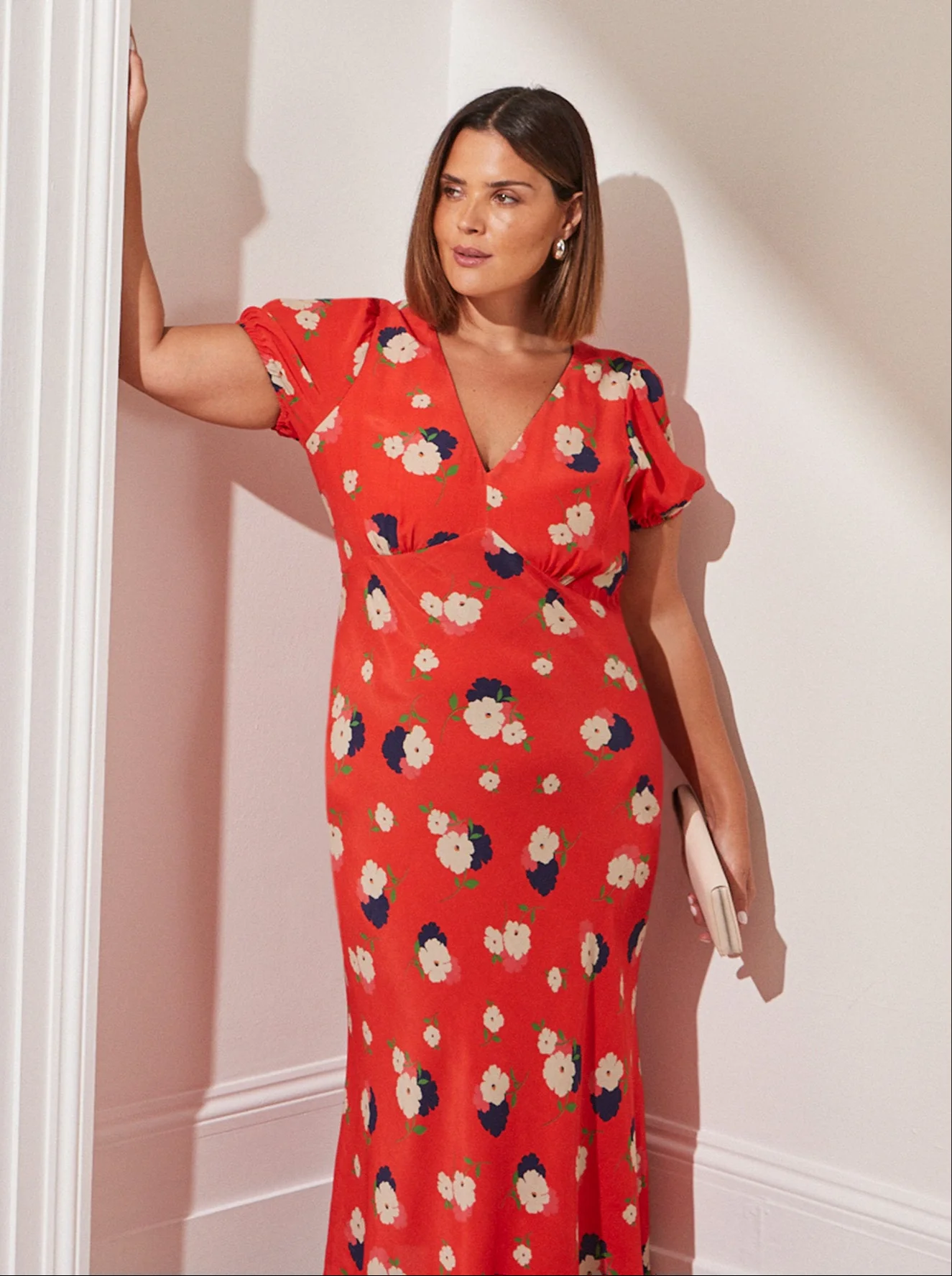 Red Floral Puff Sleeve Midi Dress - Image 2
