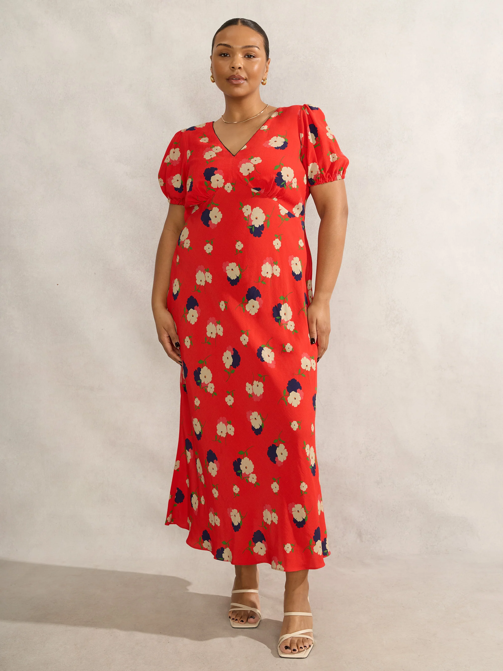Red Floral Puff Sleeve Midi Dress - Image 4