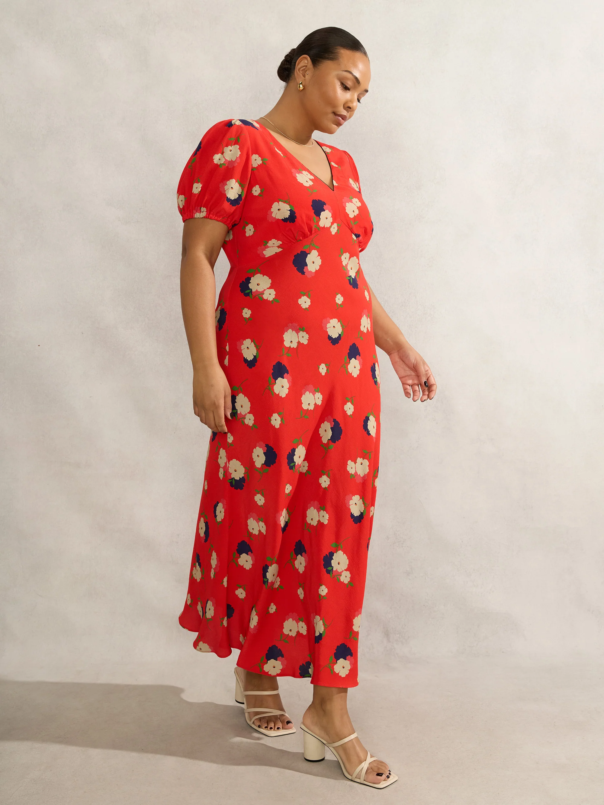 Red Floral Puff Sleeve Midi Dress - Image 5