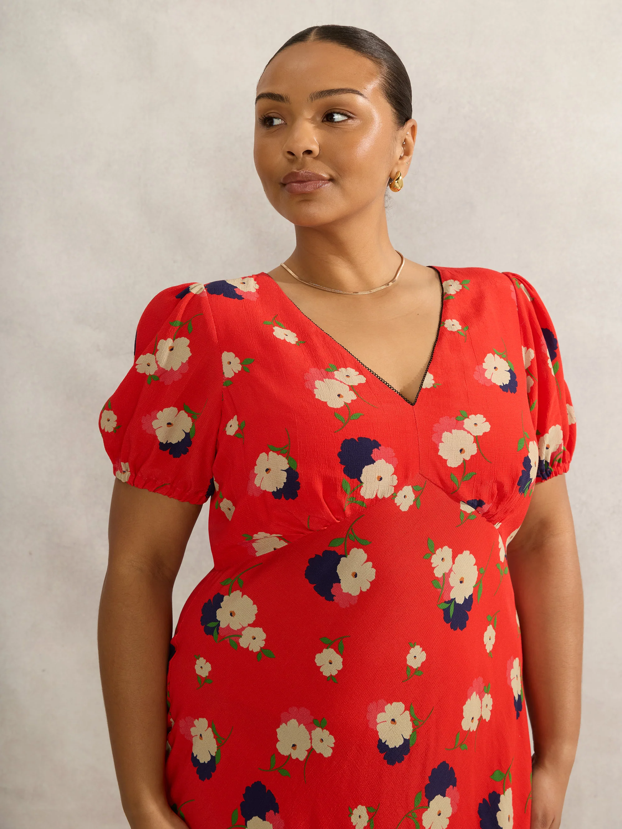 Red Floral Puff Sleeve Midi Dress - Image 6