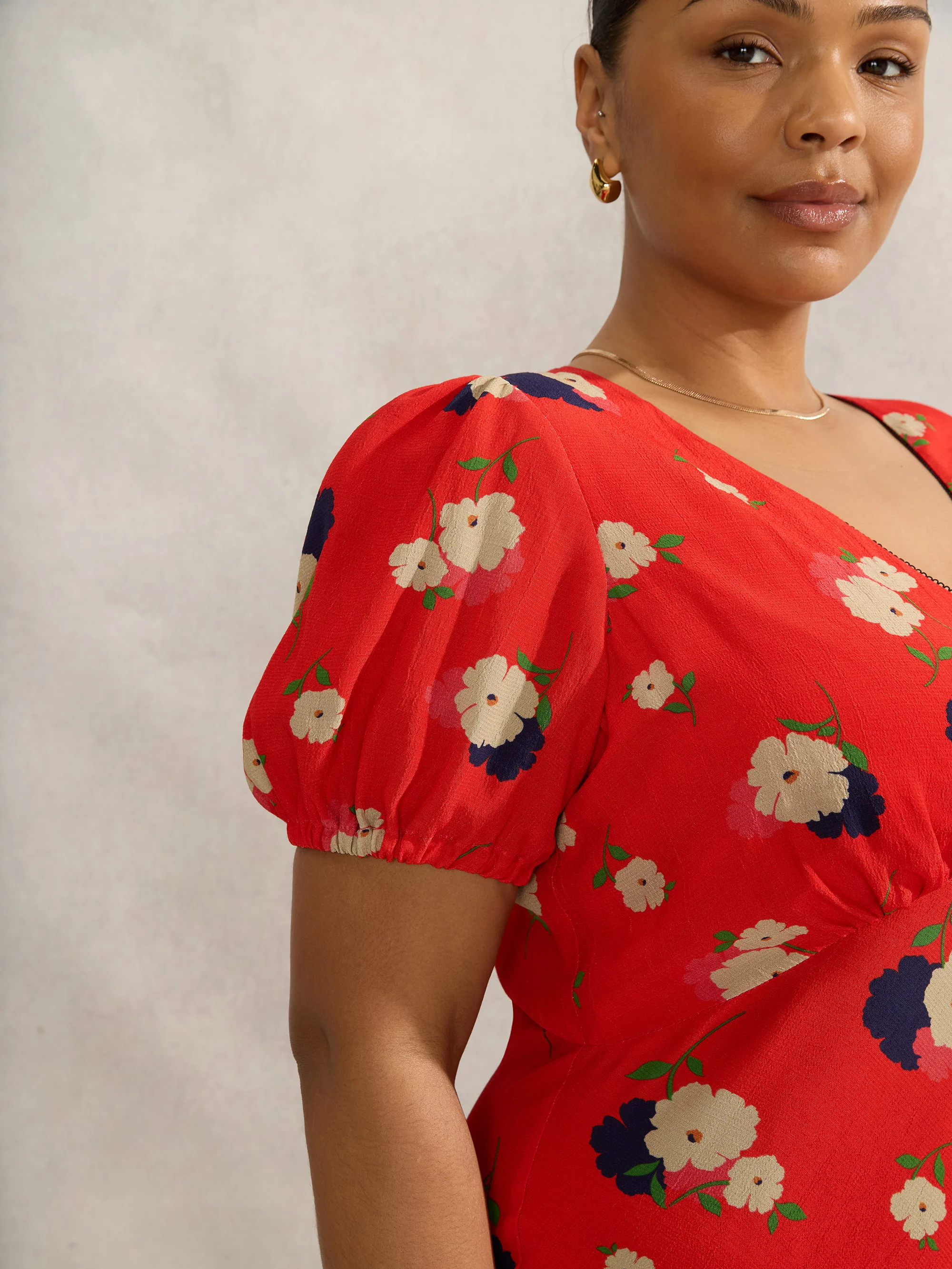 Red Floral Puff Sleeve Midi Dress - Image 7