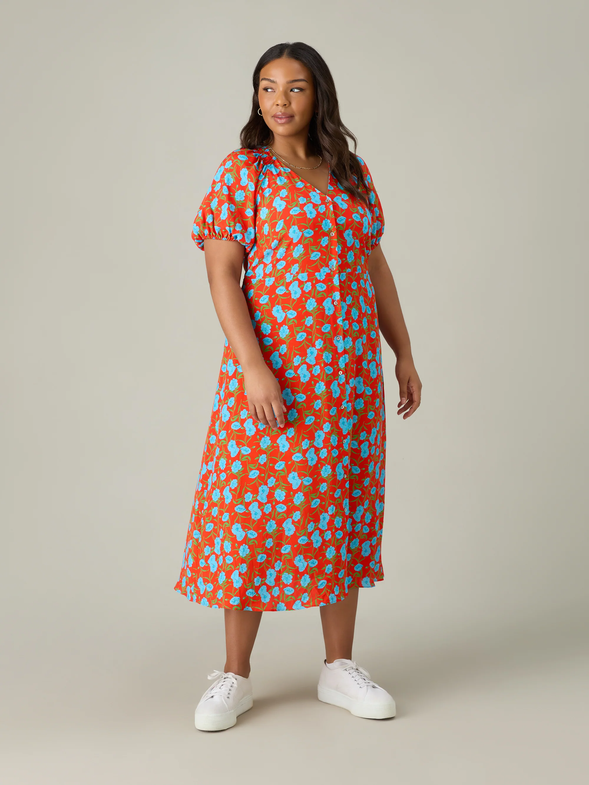 Red Floral Shirred Shoulder Midi Dress - Image 3