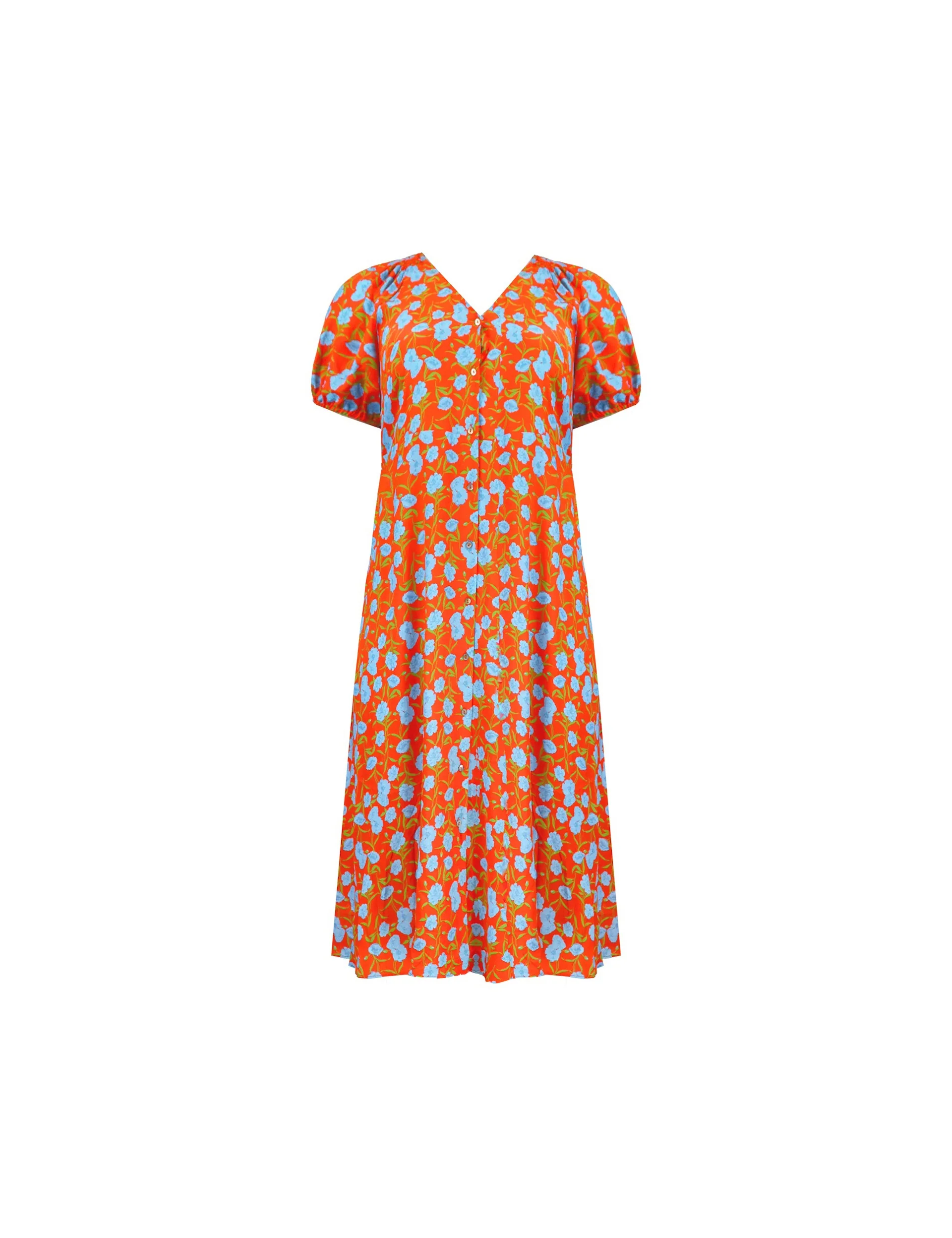 Red Floral Shirred Shoulder Midi Dress - Image 7