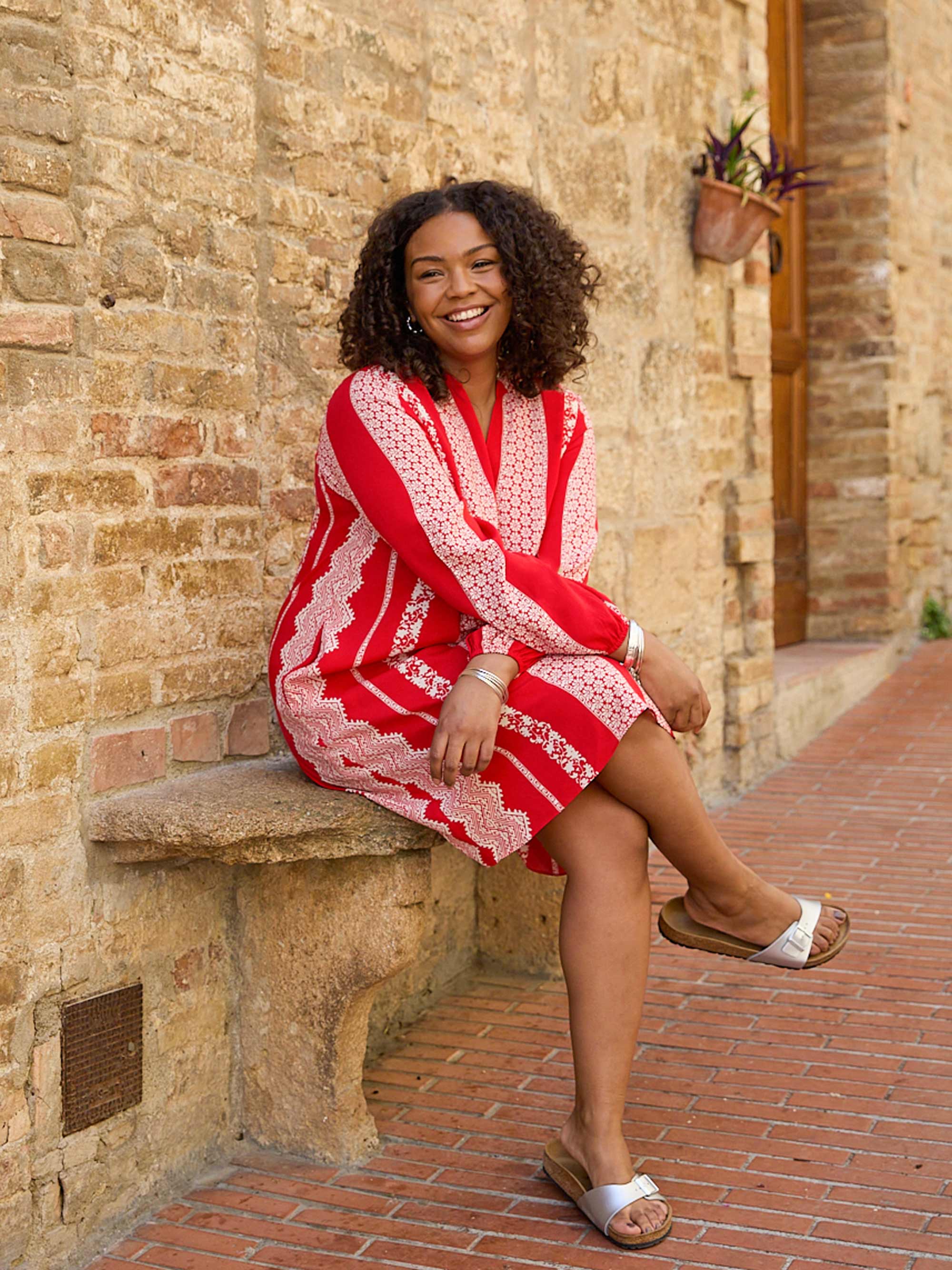 Red & Ivory Batik Stripe Print Dress - Image 2