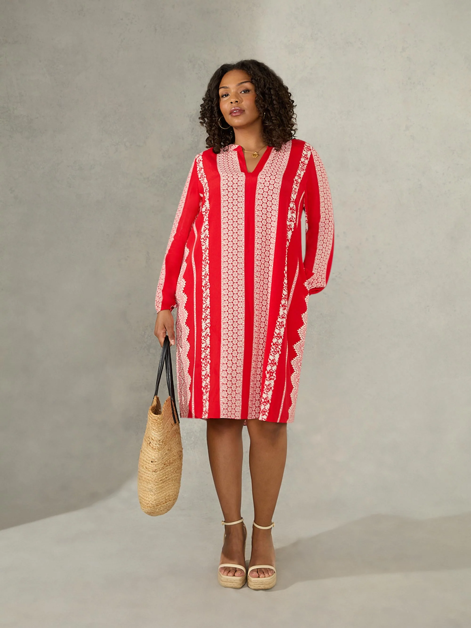 Red & Ivory Batik Stripe Print Dress - Image 4