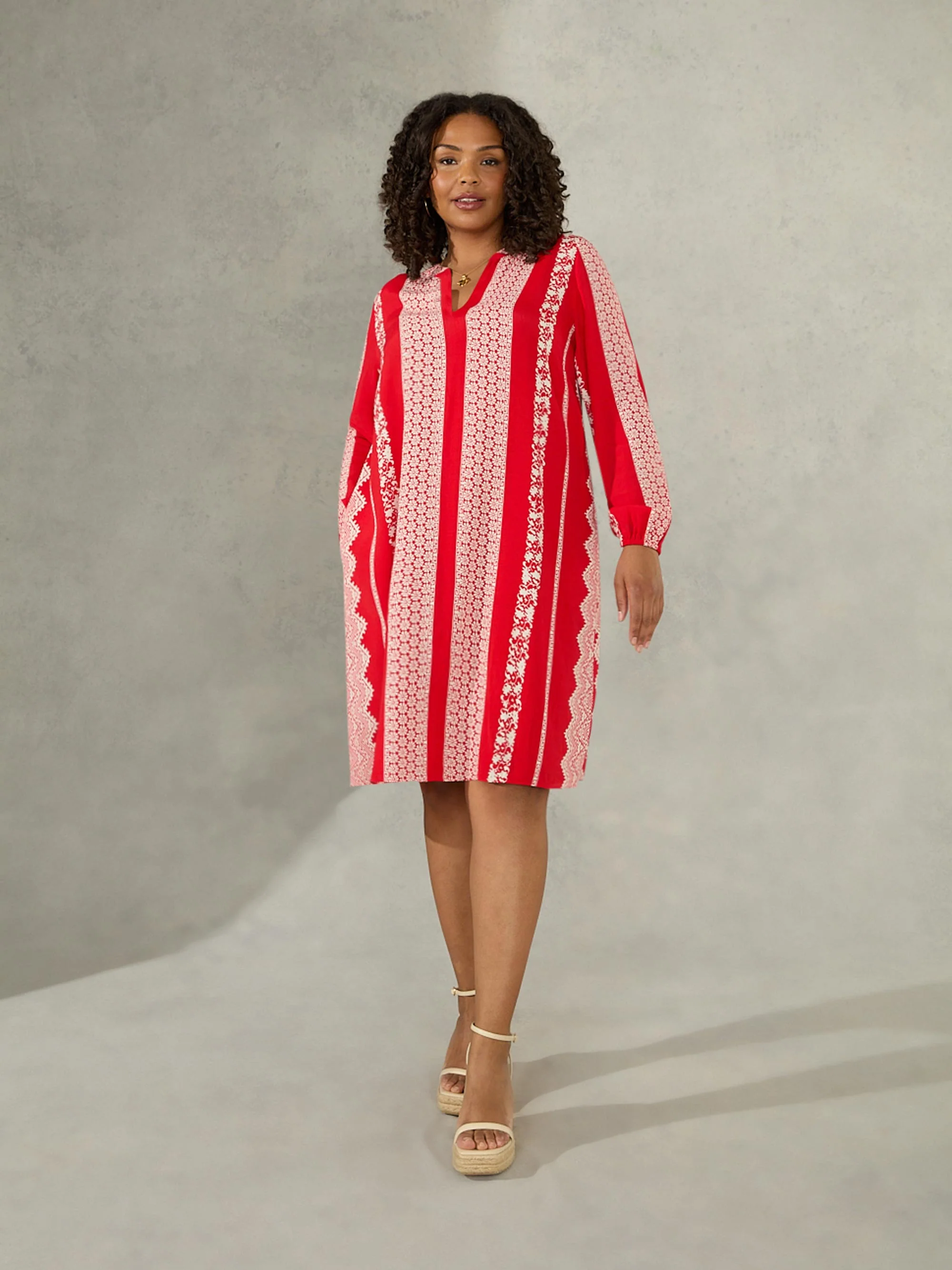 Red & Ivory Batik Stripe Print Dress - Image 5