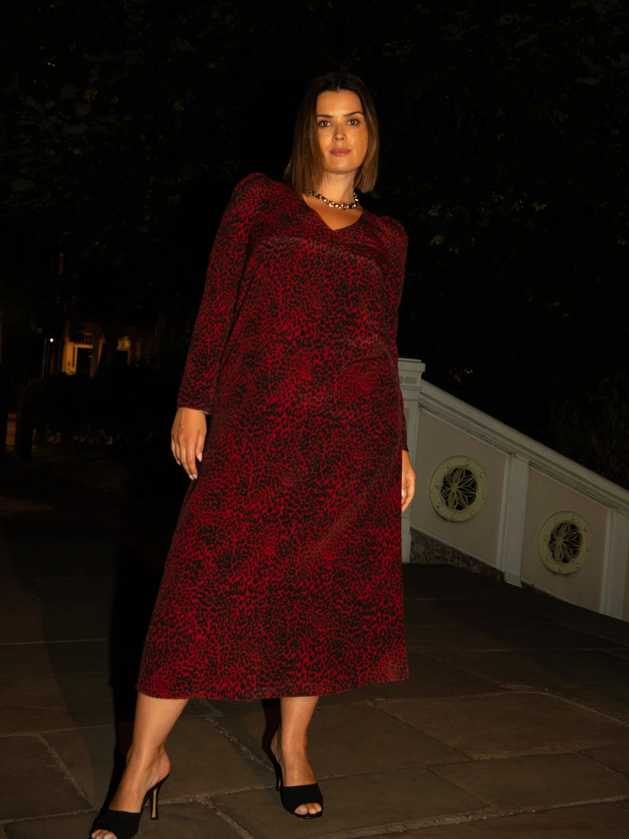 Red Leopard Print Long Sleeve Midi Dress - Image 2