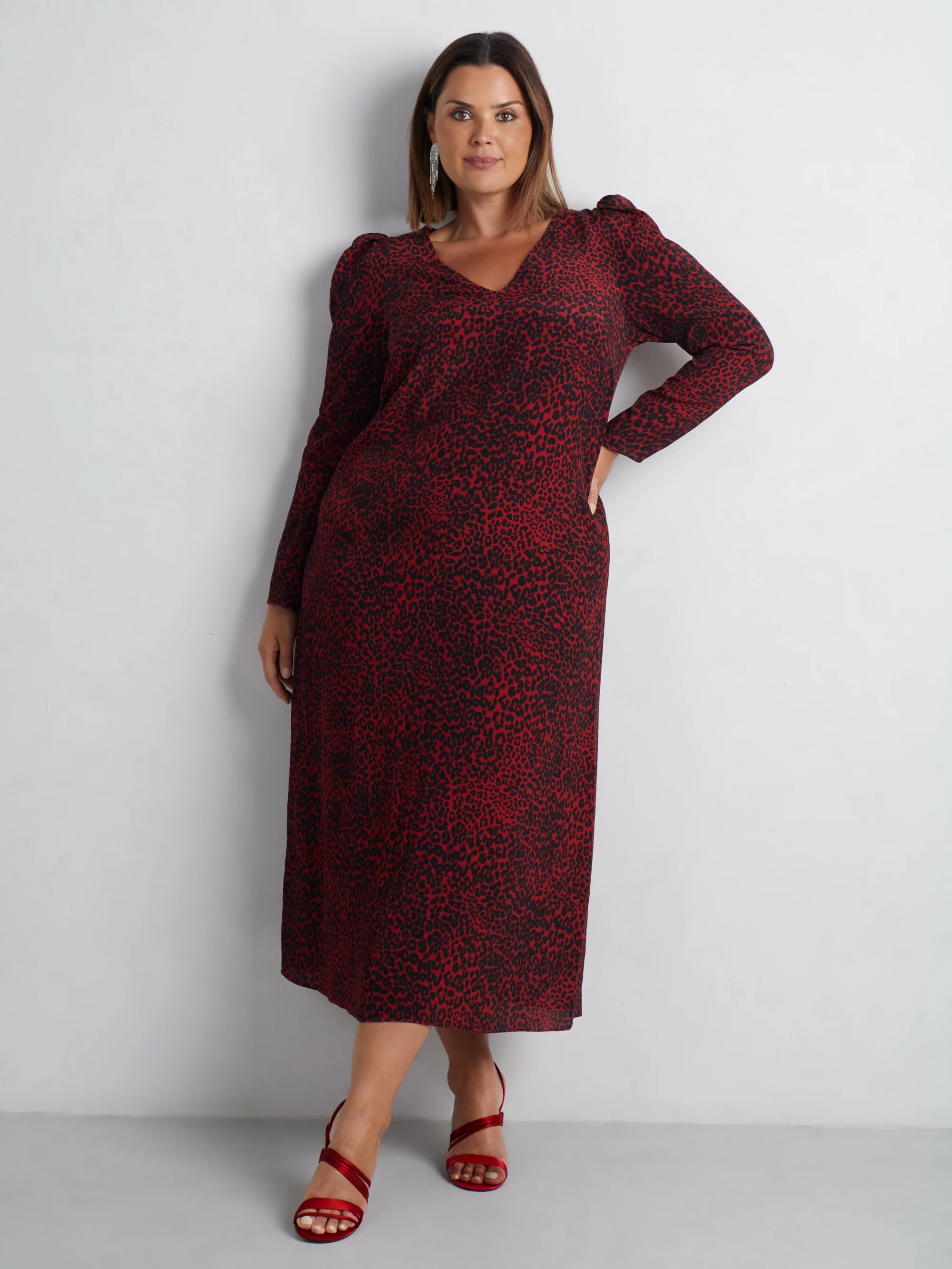Red Leopard Print Long Sleeve Midi Dress - Image 3