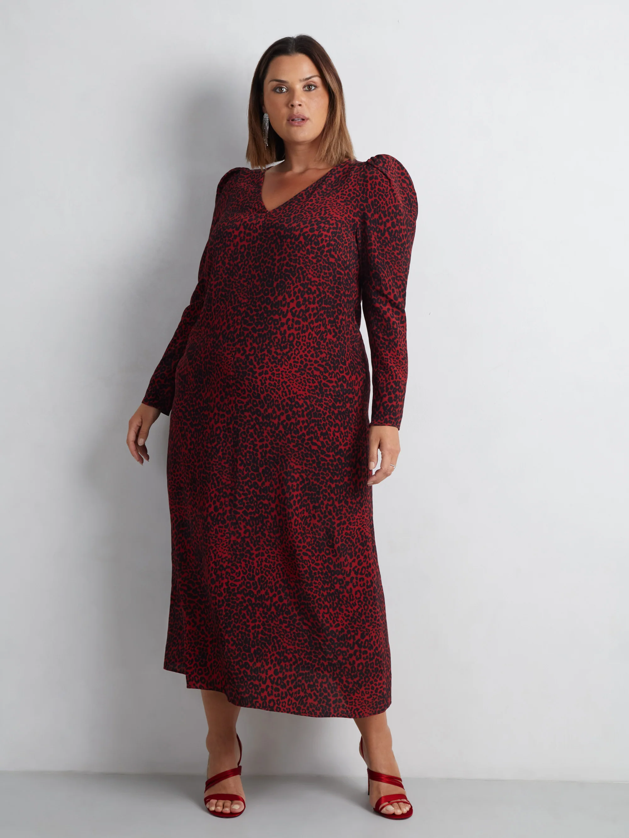Red Leopard Print Long Sleeve Midi Dress - Image 4