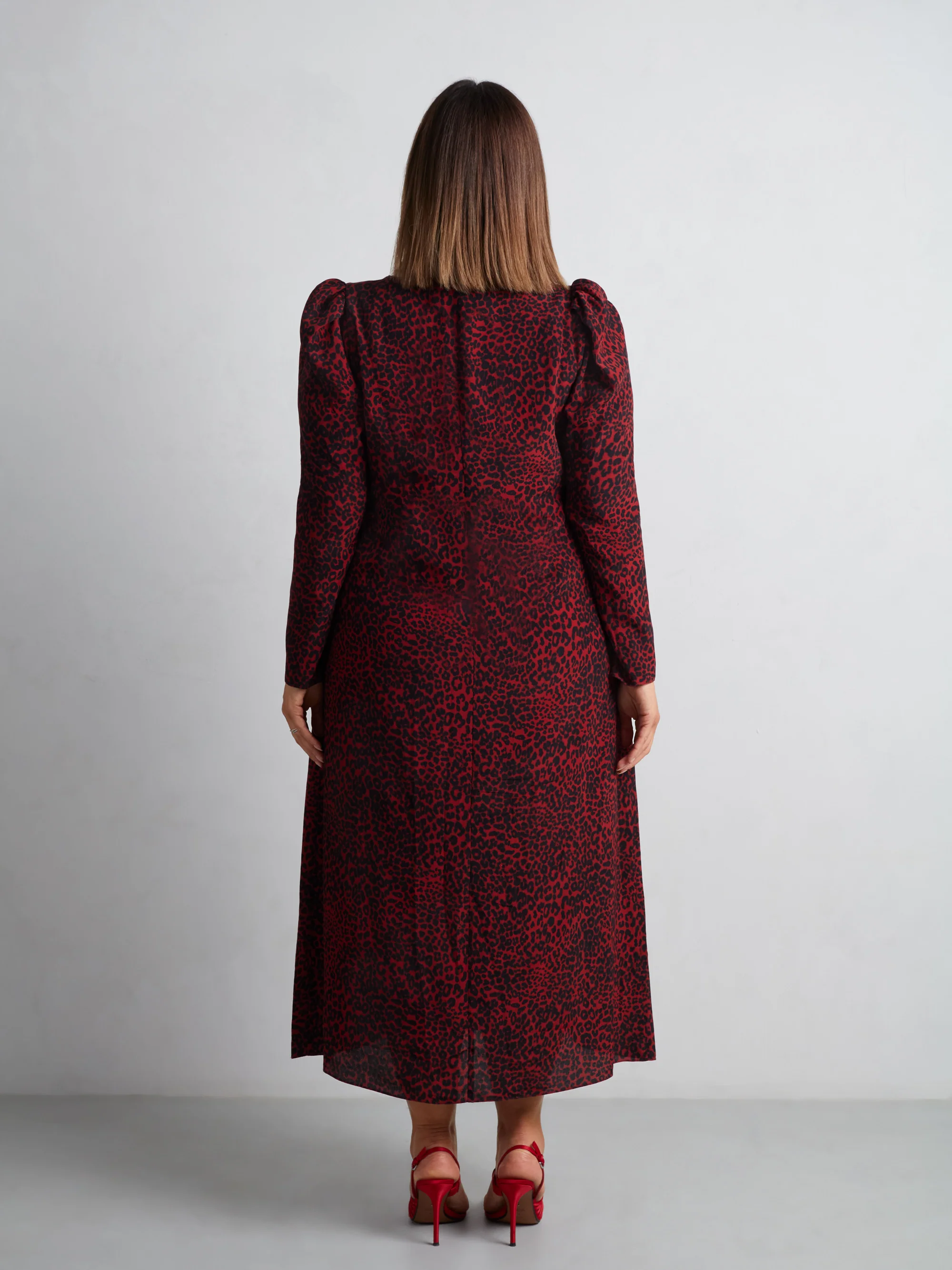 Red Leopard Print Long Sleeve Midi Dress - Image 7