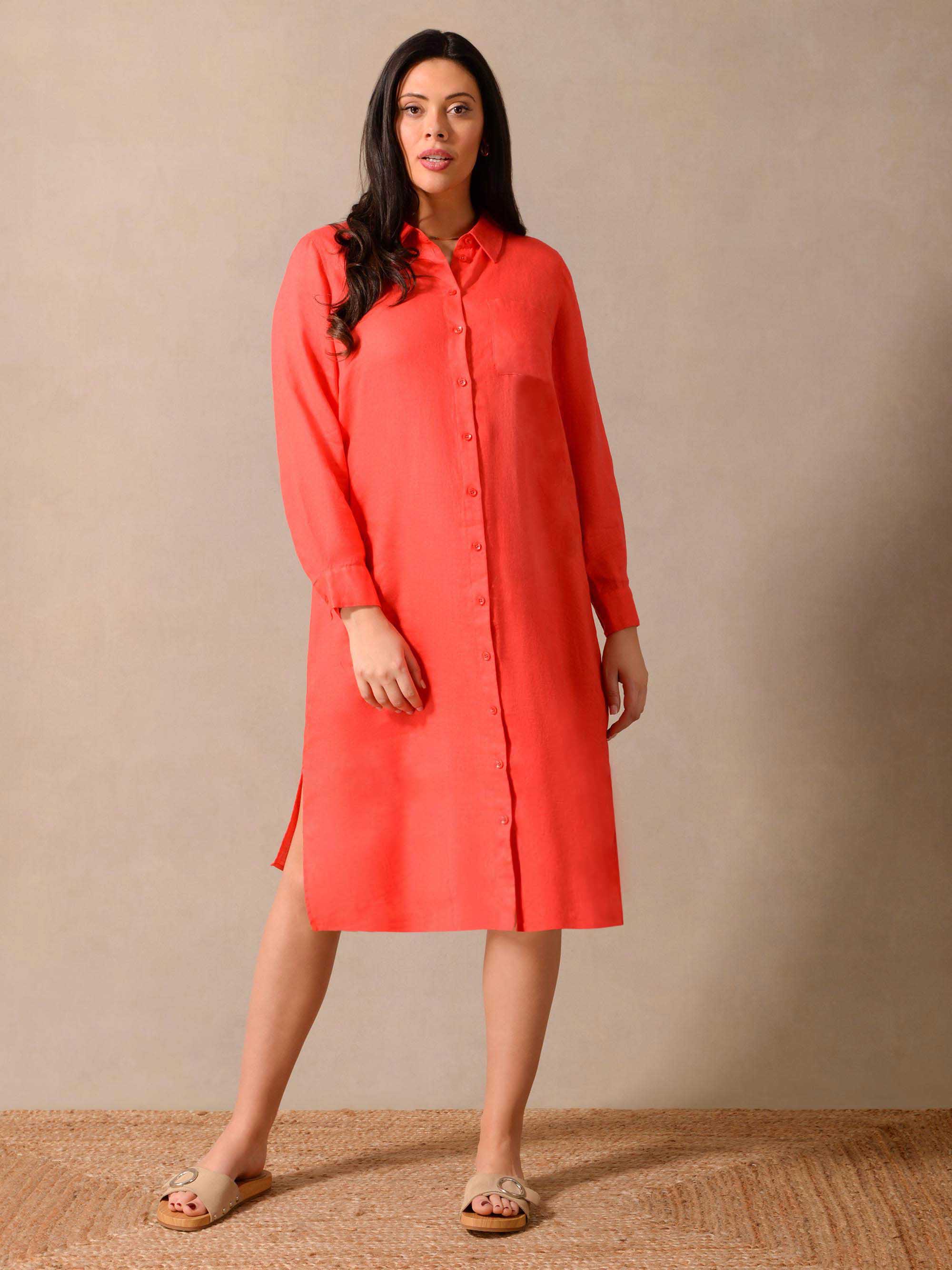 Red Linen Longline Shirt Dress - Image 3