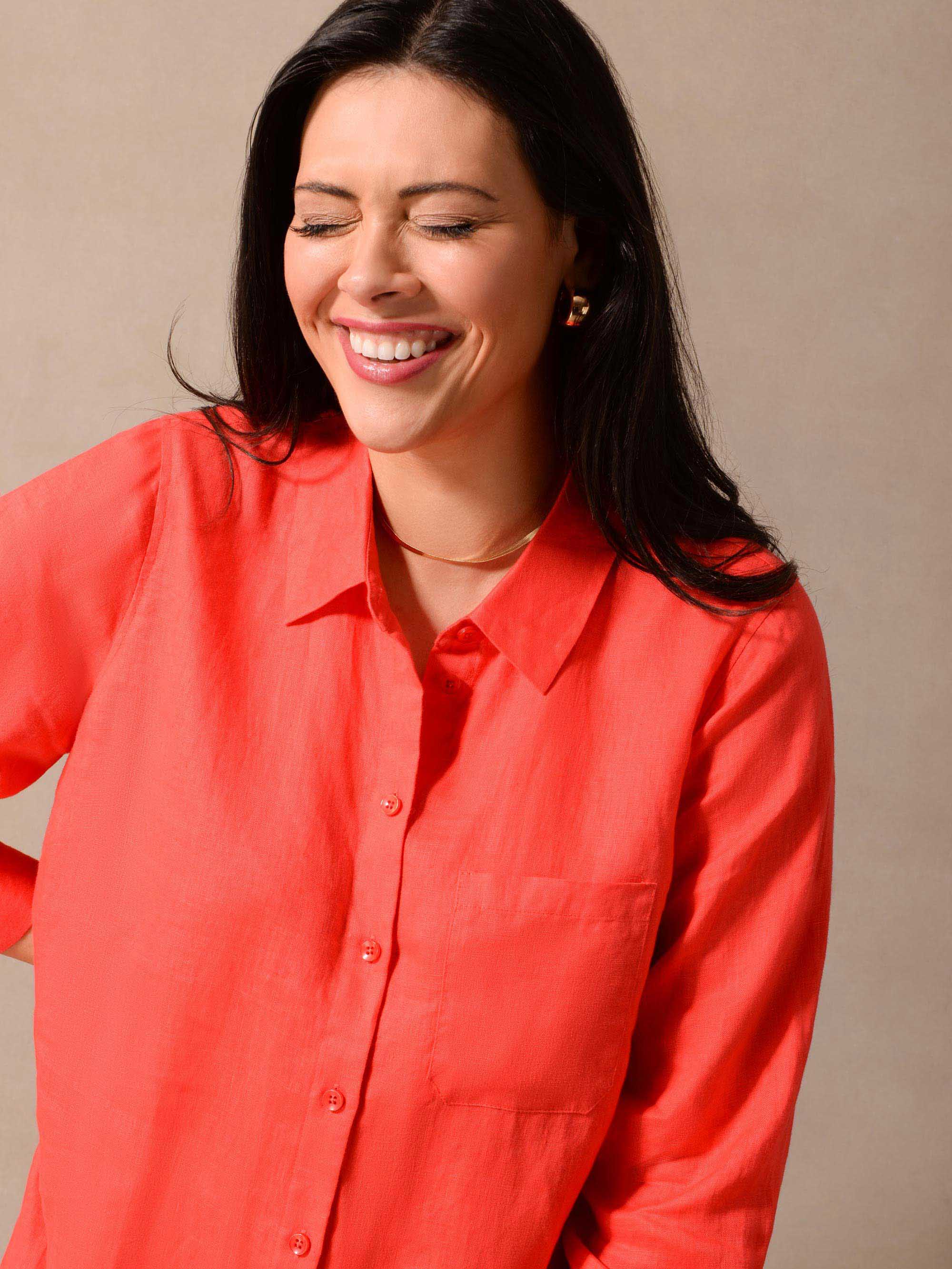 Red Linen Longline Shirt Dress - Image 4