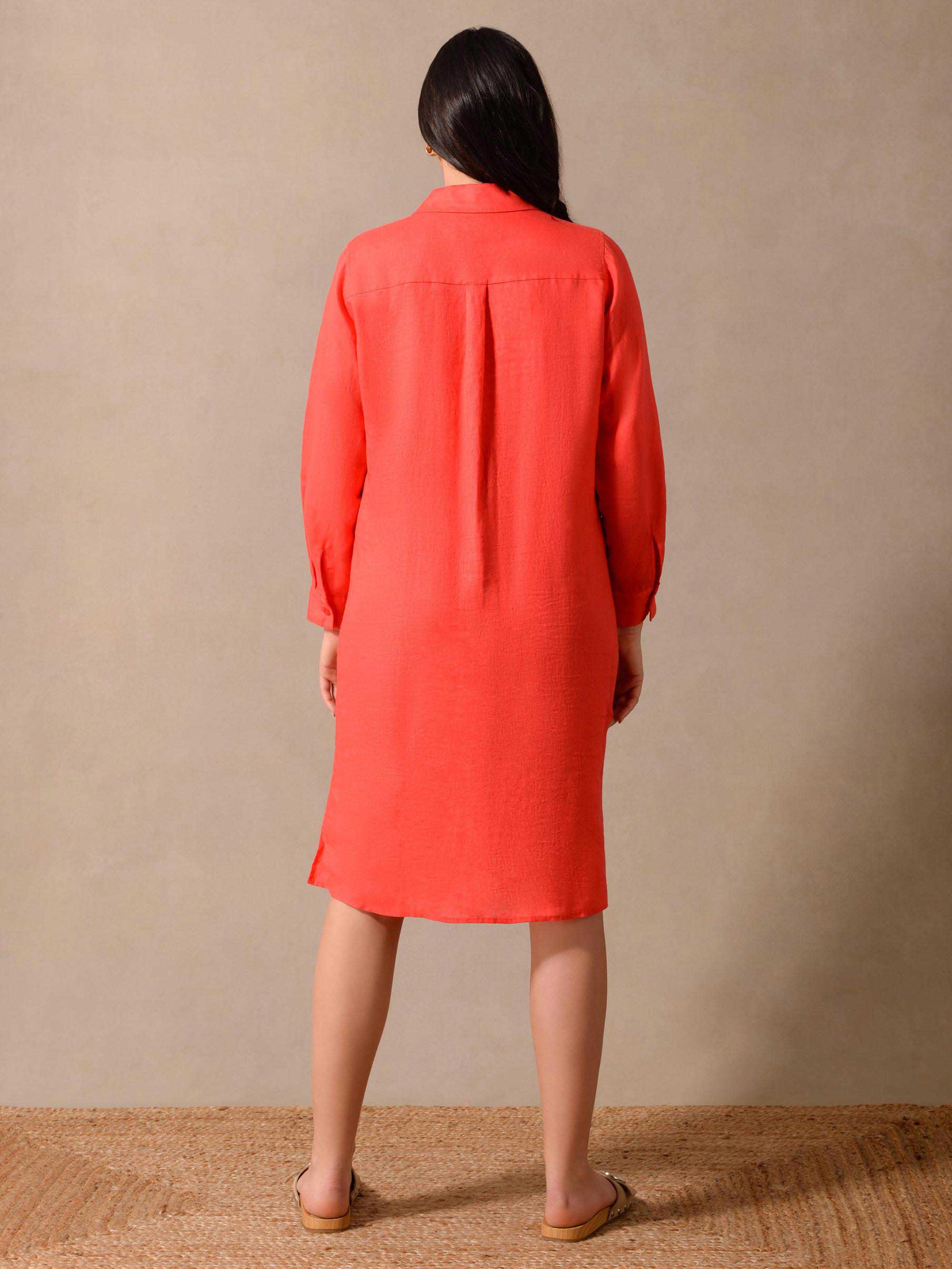 Red Linen Longline Shirt Dress - Image 5