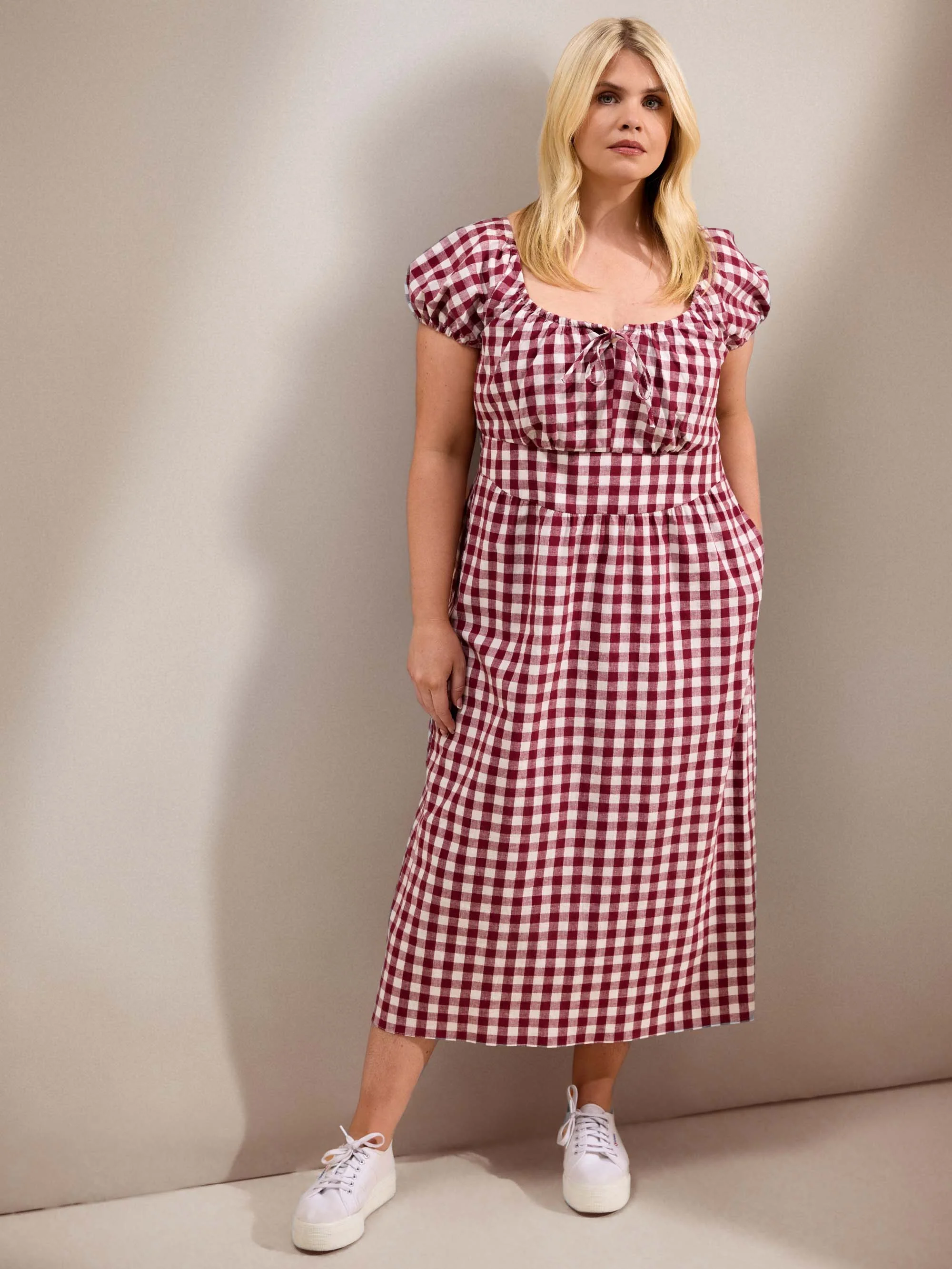 Berry Gingham Linen Blend Puff Sleeve Midaxi Dress - Image 2