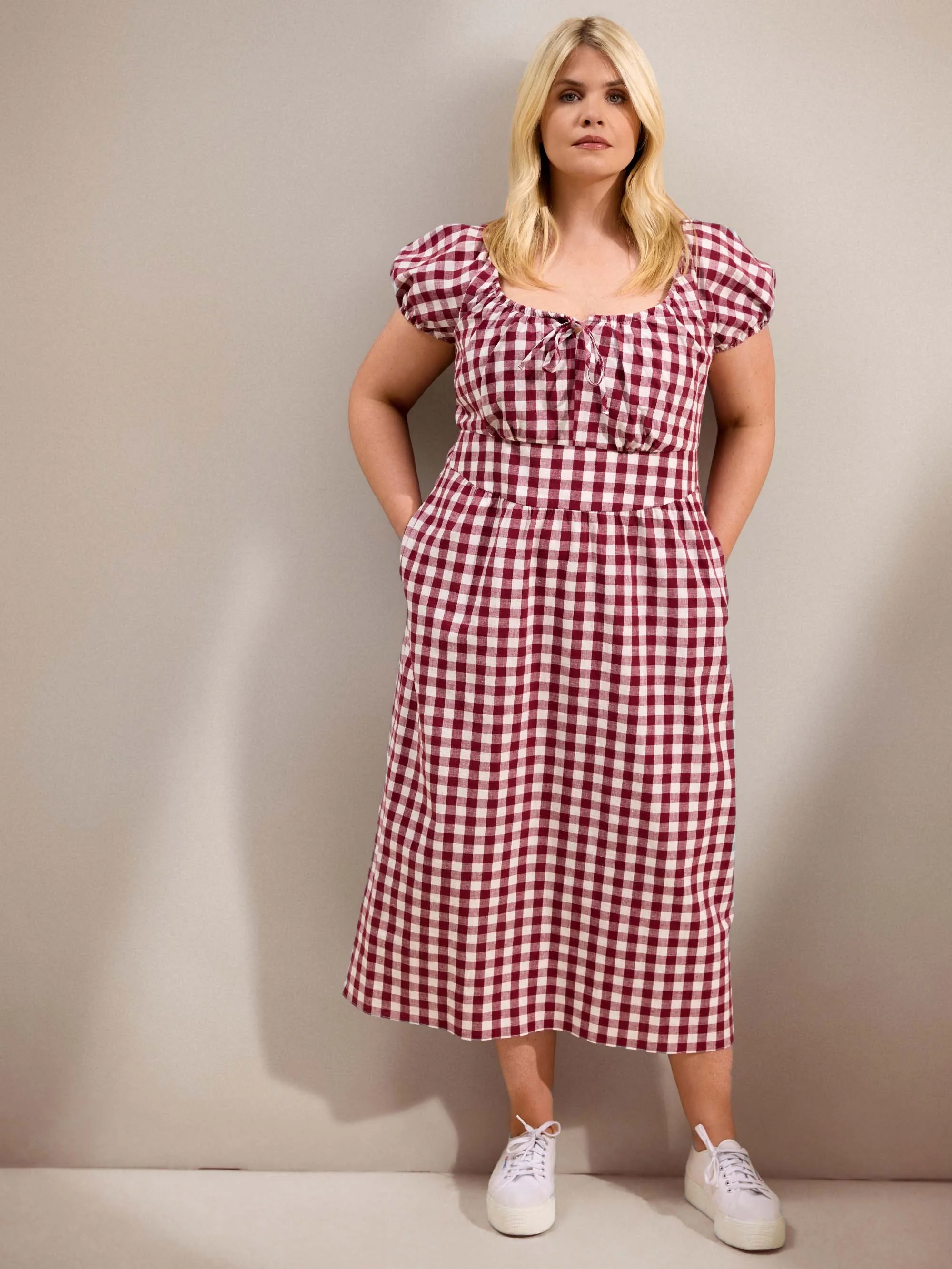 Berry Gingham Linen Blend Puff Sleeve Midaxi Dress - Image 4