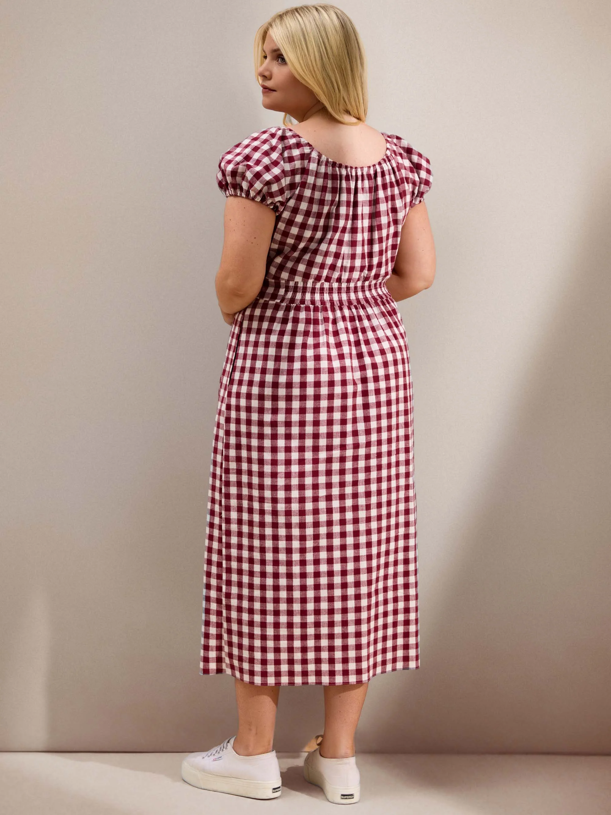 Berry Gingham Linen Blend Puff Sleeve Midaxi Dress - Image 5