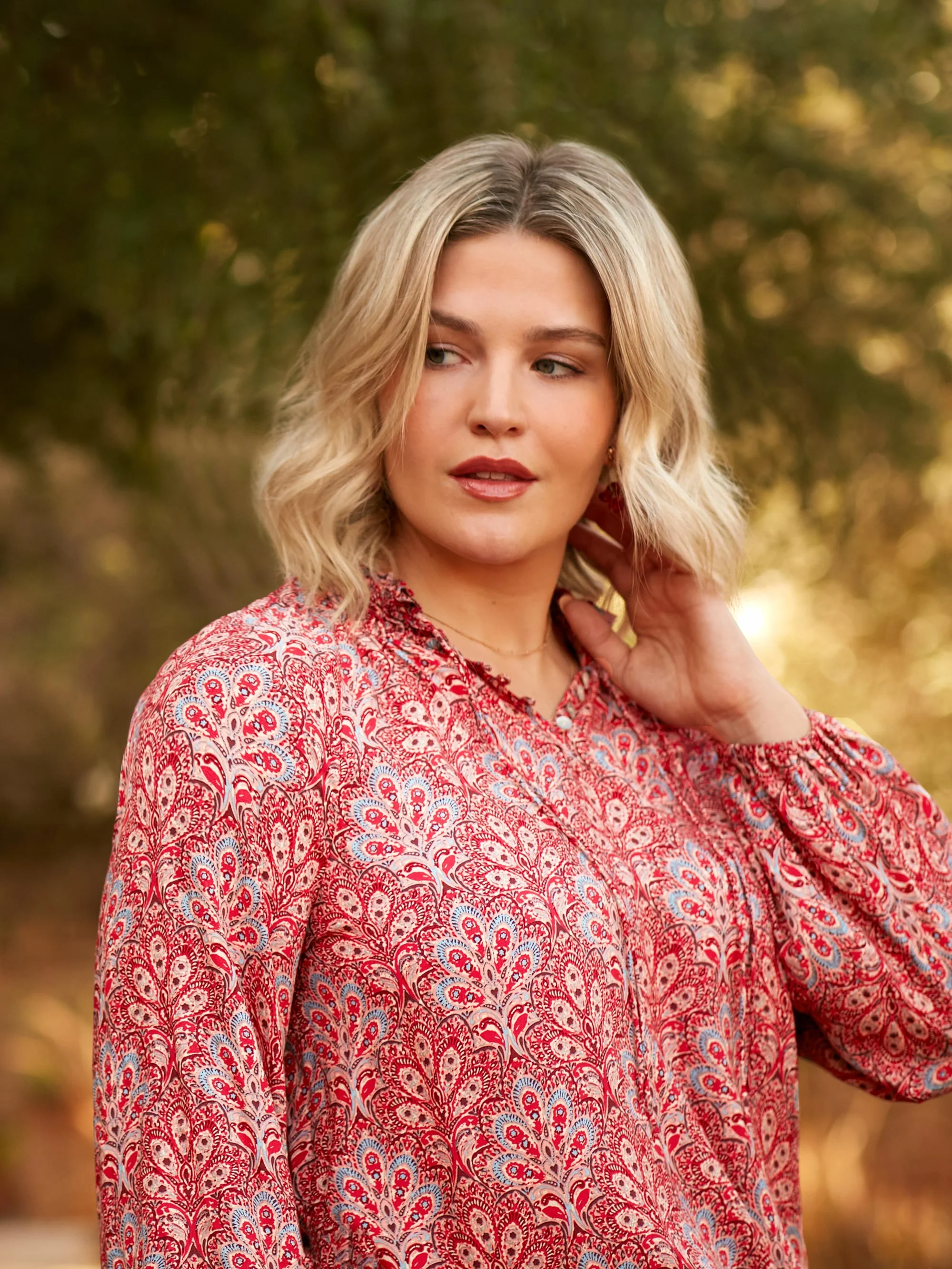 Red Paisley Print Shirred Neck Blouse - Image 2