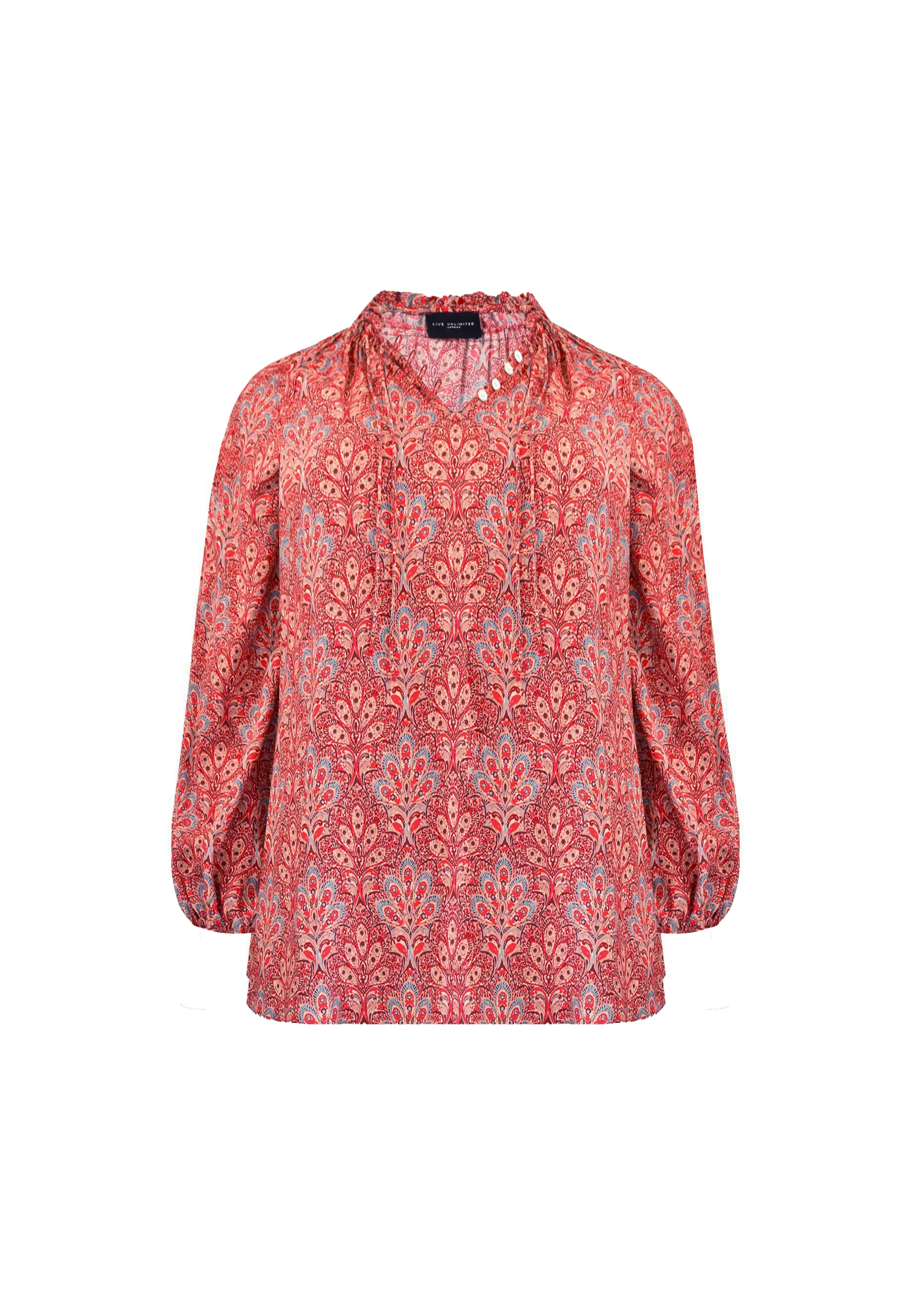 Red Paisley Print Shirred Neck Blouse - Image 8