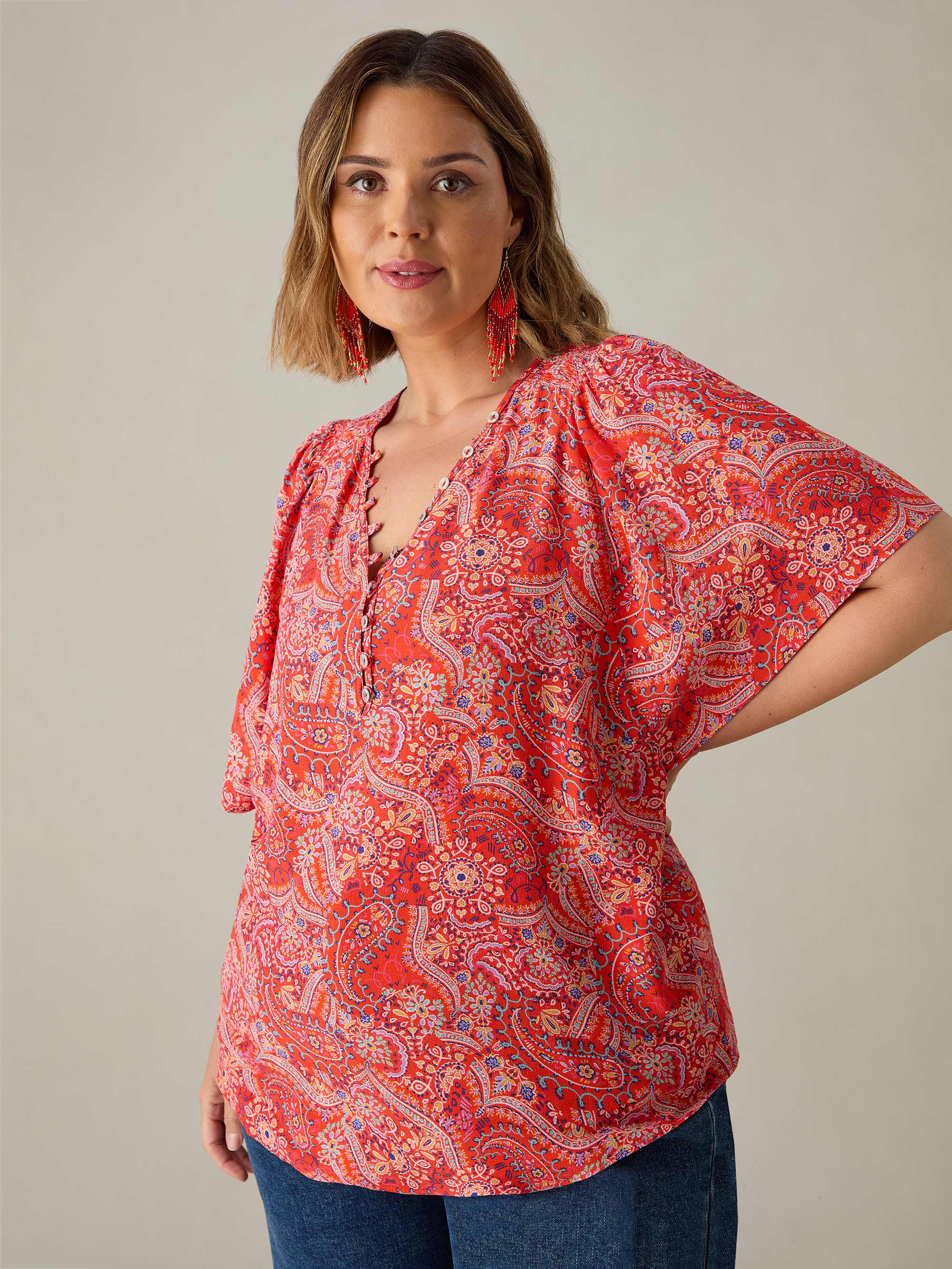 Red Paisley Print Shirred Shoulder Blouse - Image 2
