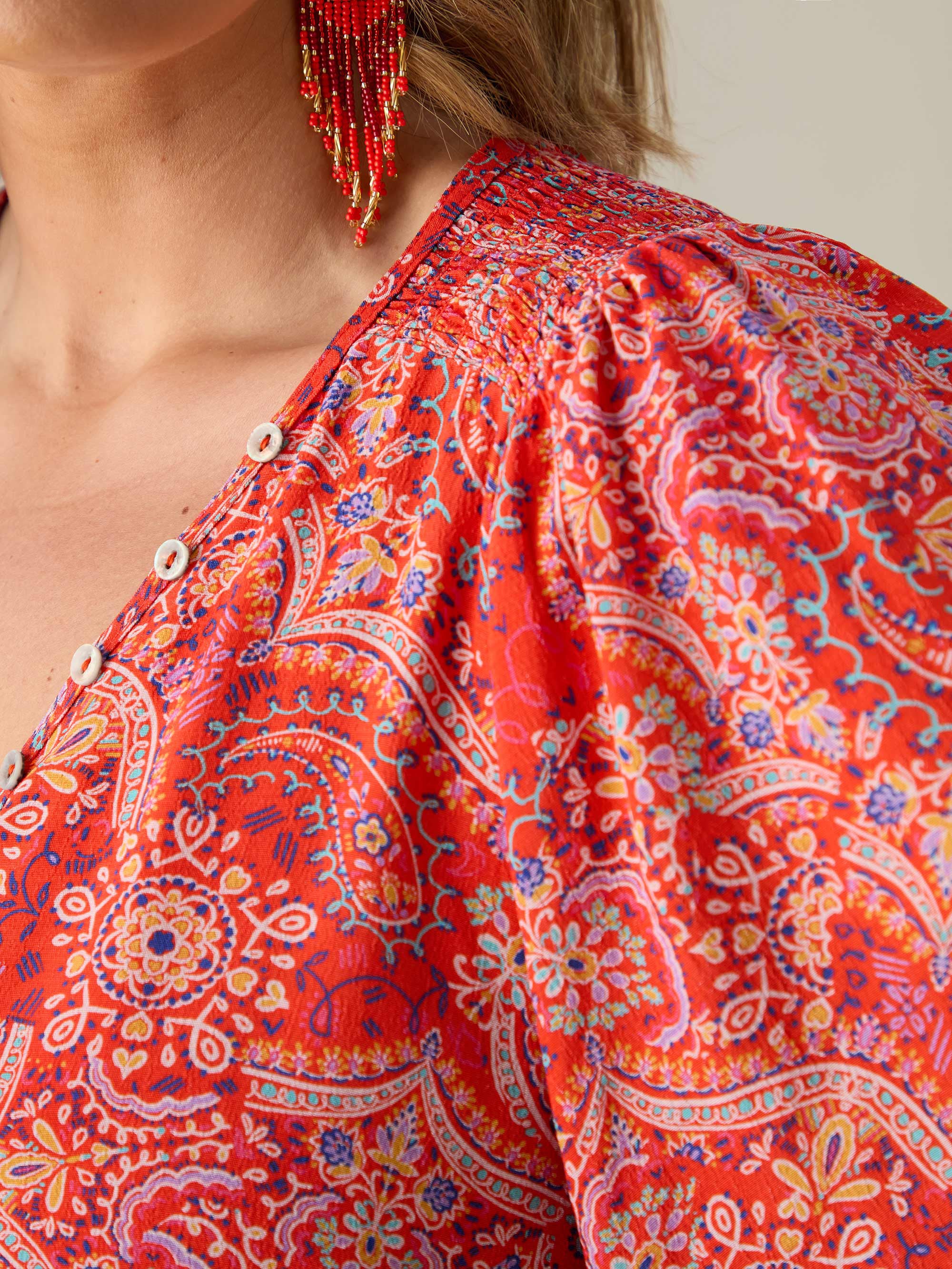 Red Paisley Print Shirred Shoulder Blouse - Image 3