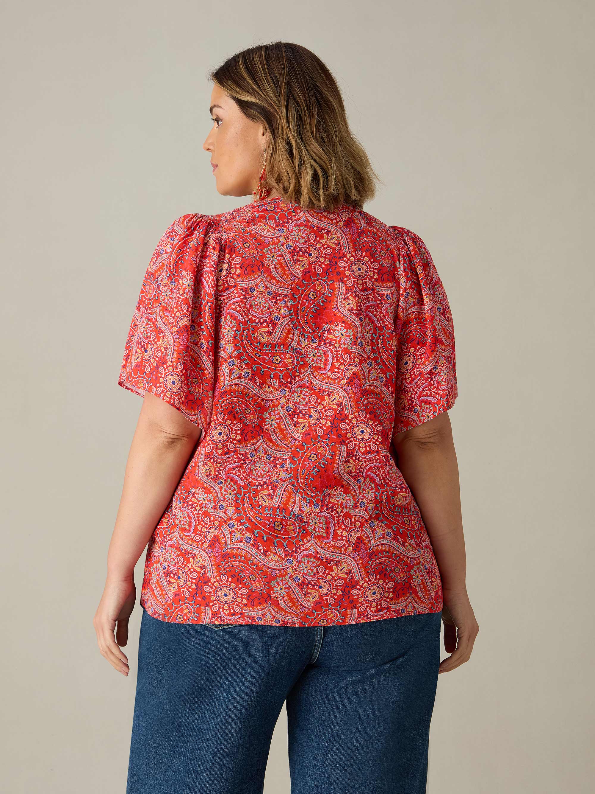 Red Paisley Print Shirred Shoulder Blouse - Image 4