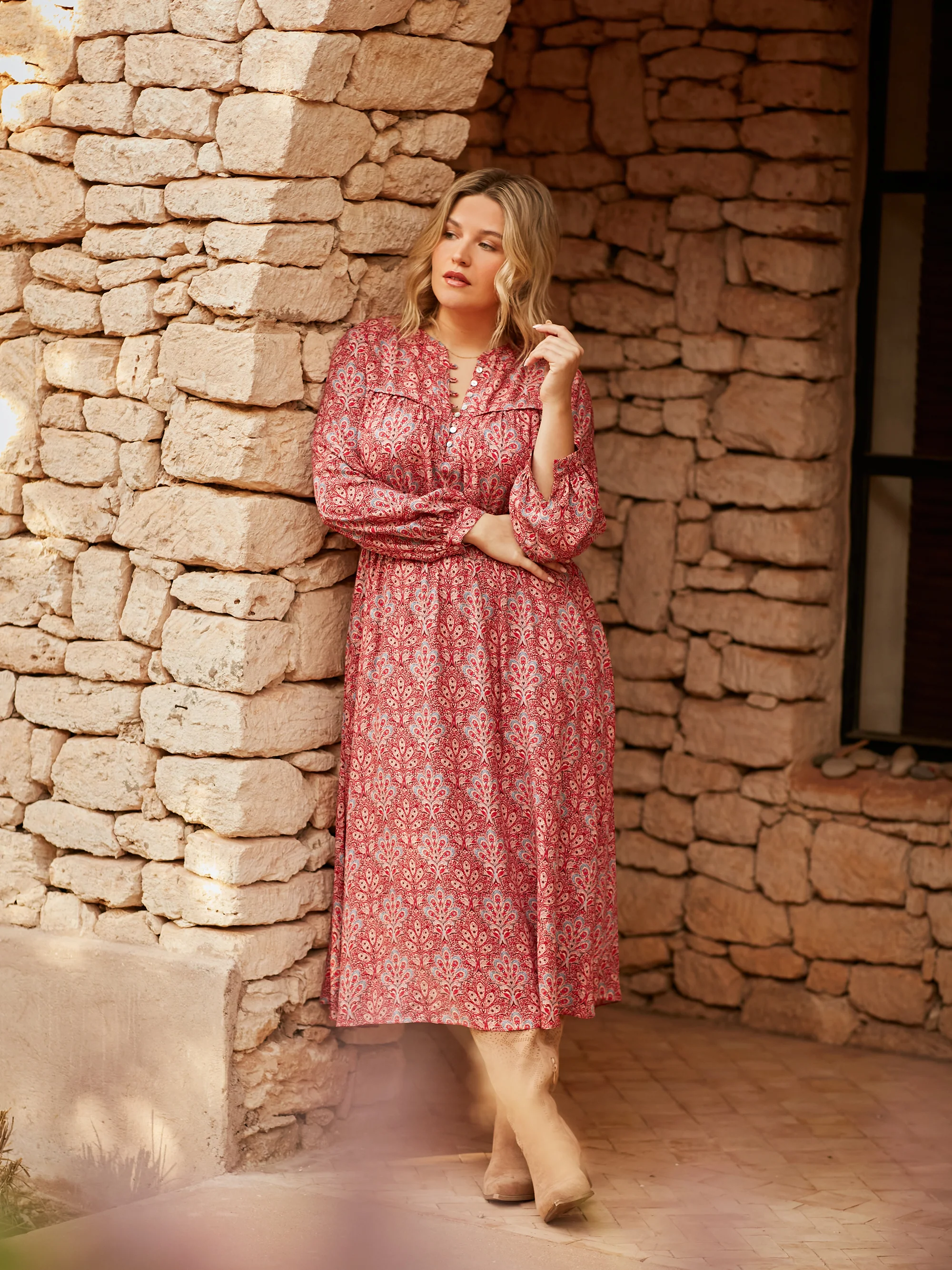 Red Paisley Shirred Waist Midaxi Dress