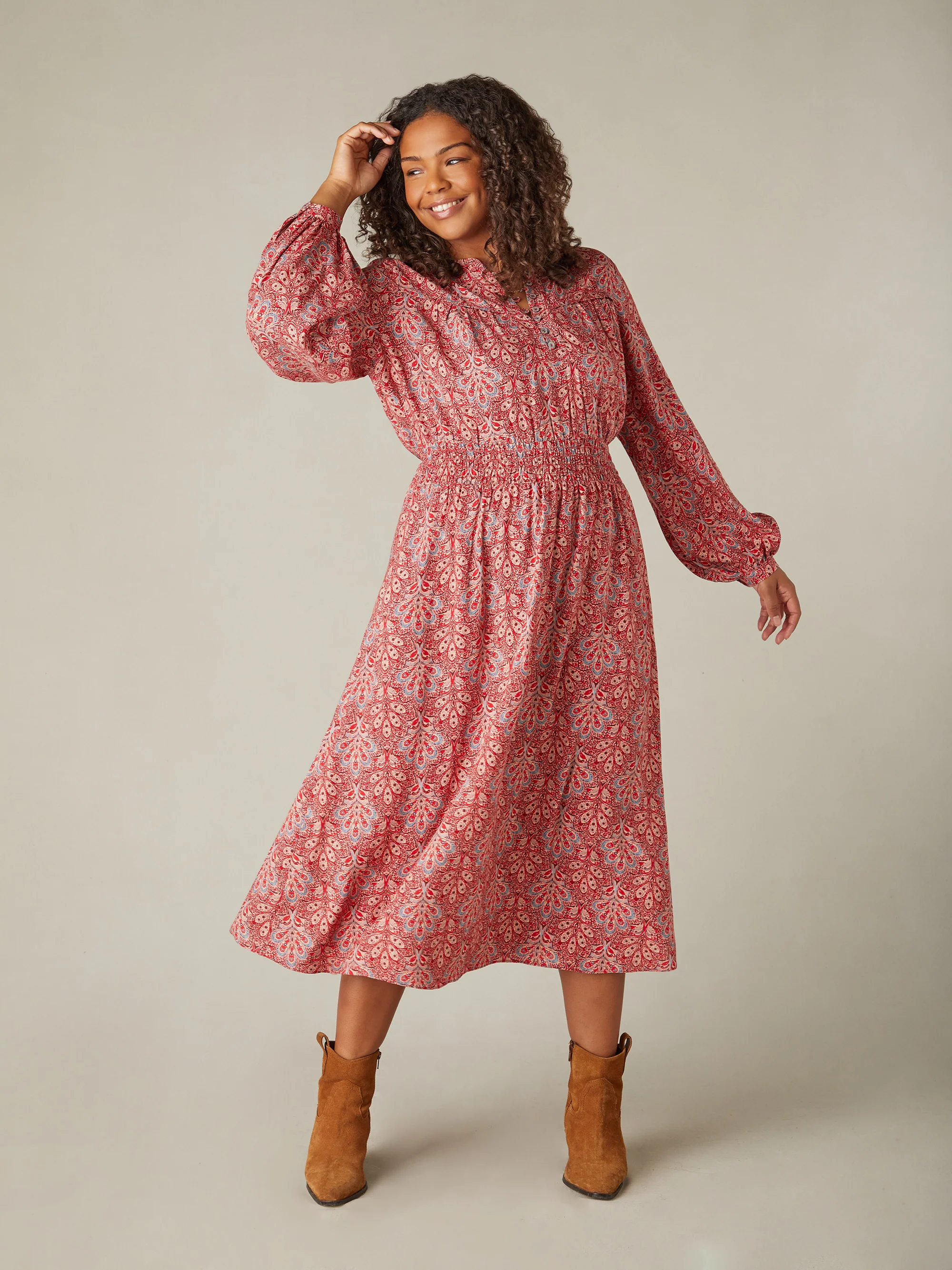 Red Paisley Shirred Waist Midaxi Dress - Image 3